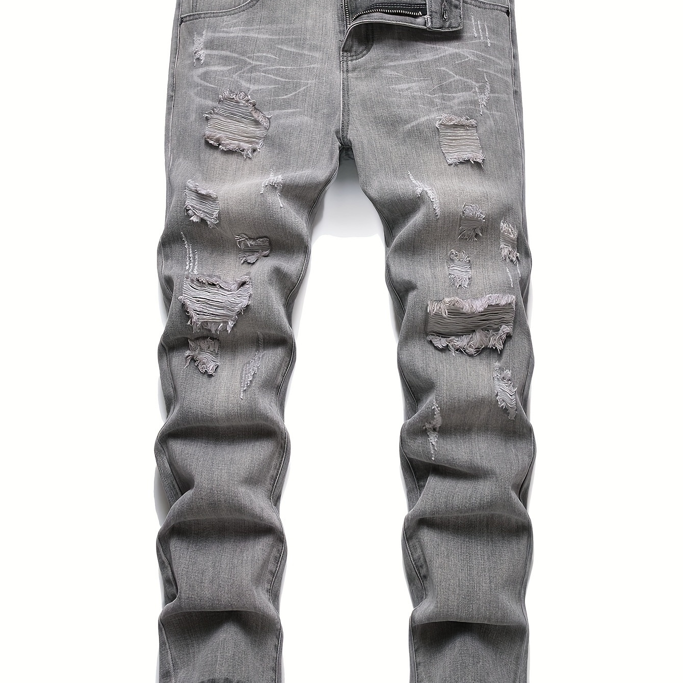 

Men's Slim Fit Ripped Jeans - Distressed Gray Denim, Mid-rise, Full Length, , Machine Washable