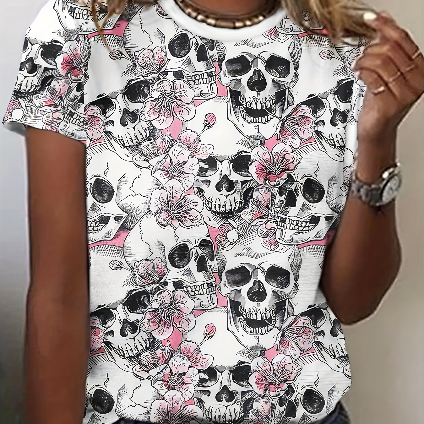 

Skull Print Crew Neck T-shirt, Short Sleeve Casual Top For Spring & Summer, Women's Clothing