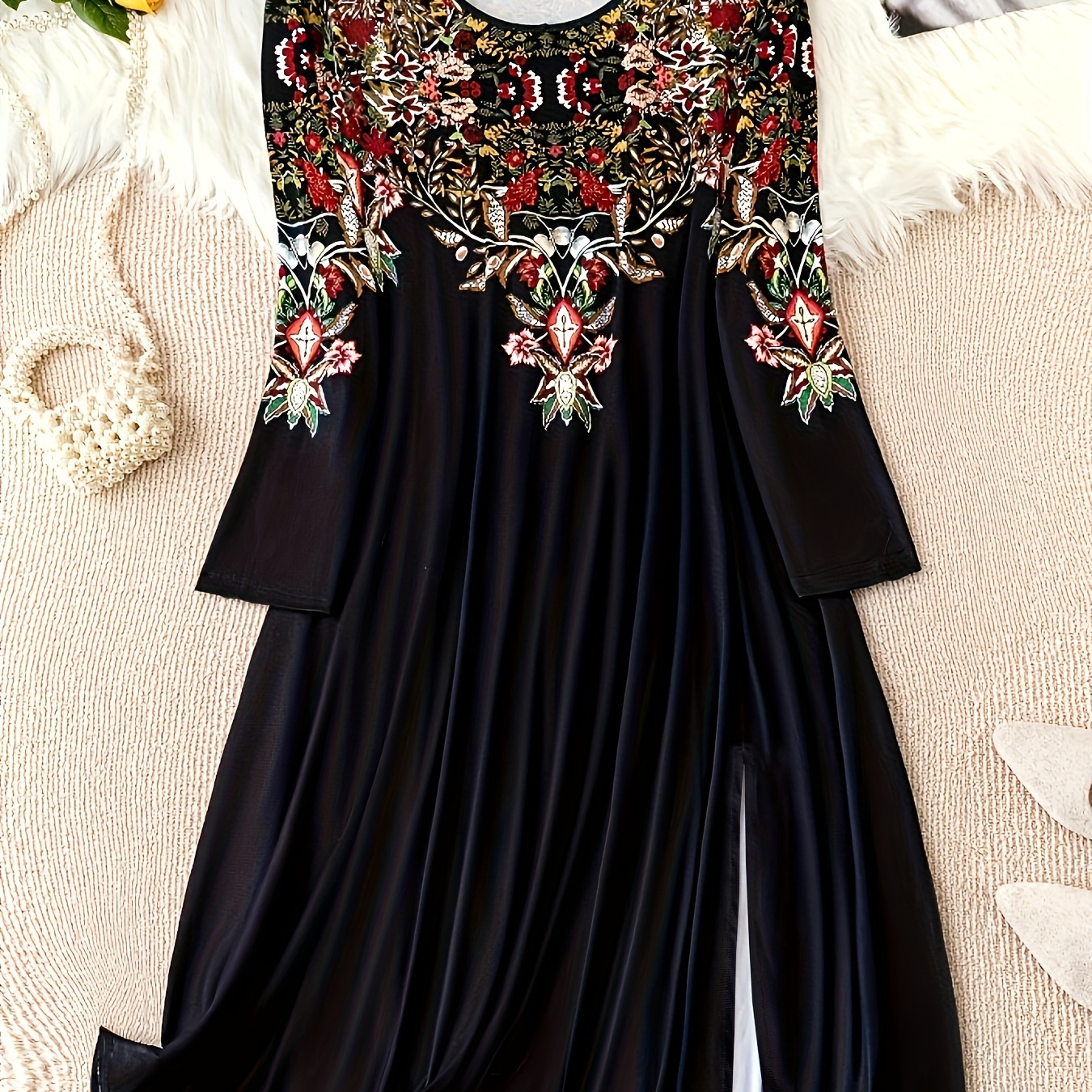 

Plus Size Floral Pattern Slit Dress, Elegant Long Sleeve Dress For Spring & Fall, Women's Plus Size Clothing