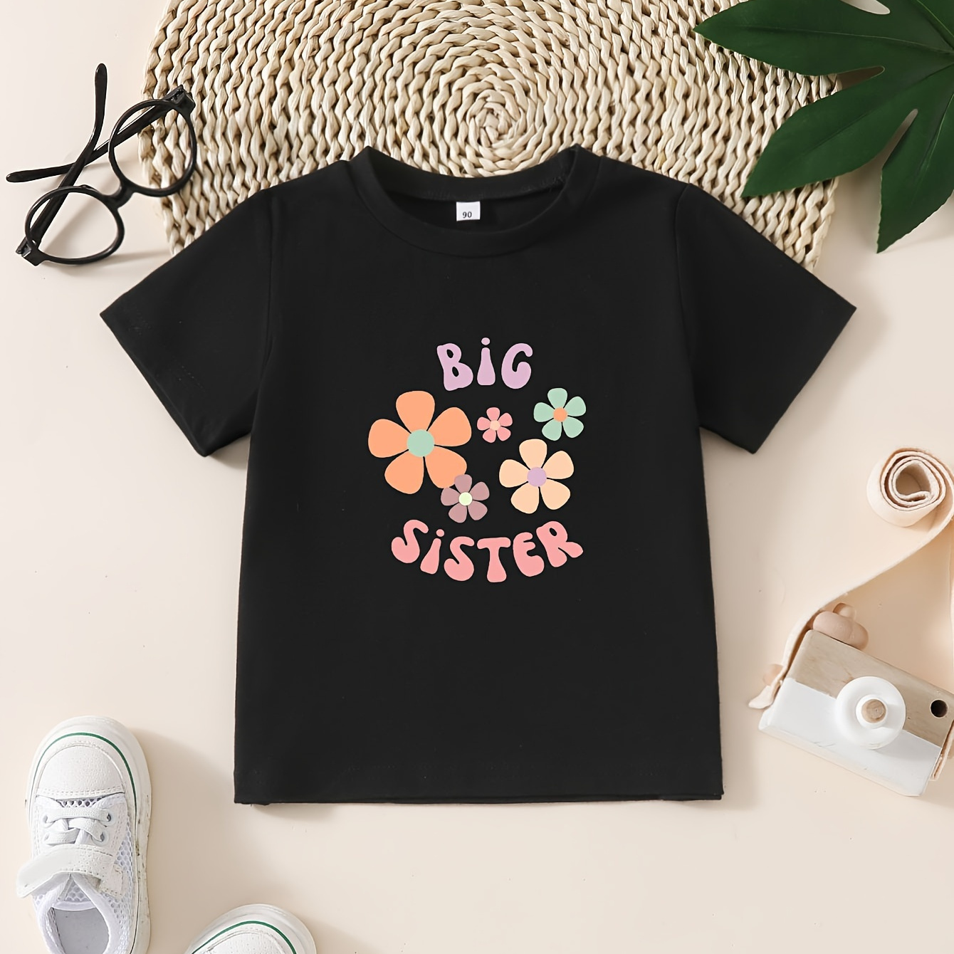 

Big Sister & Cartoon Flowers Graphic Print Tee, Girls' Casual & Trendy Crew Neck Short Sleeve Cotton T-shirt For Spring & Summer, Girls' Clothes For Outdoor Activities