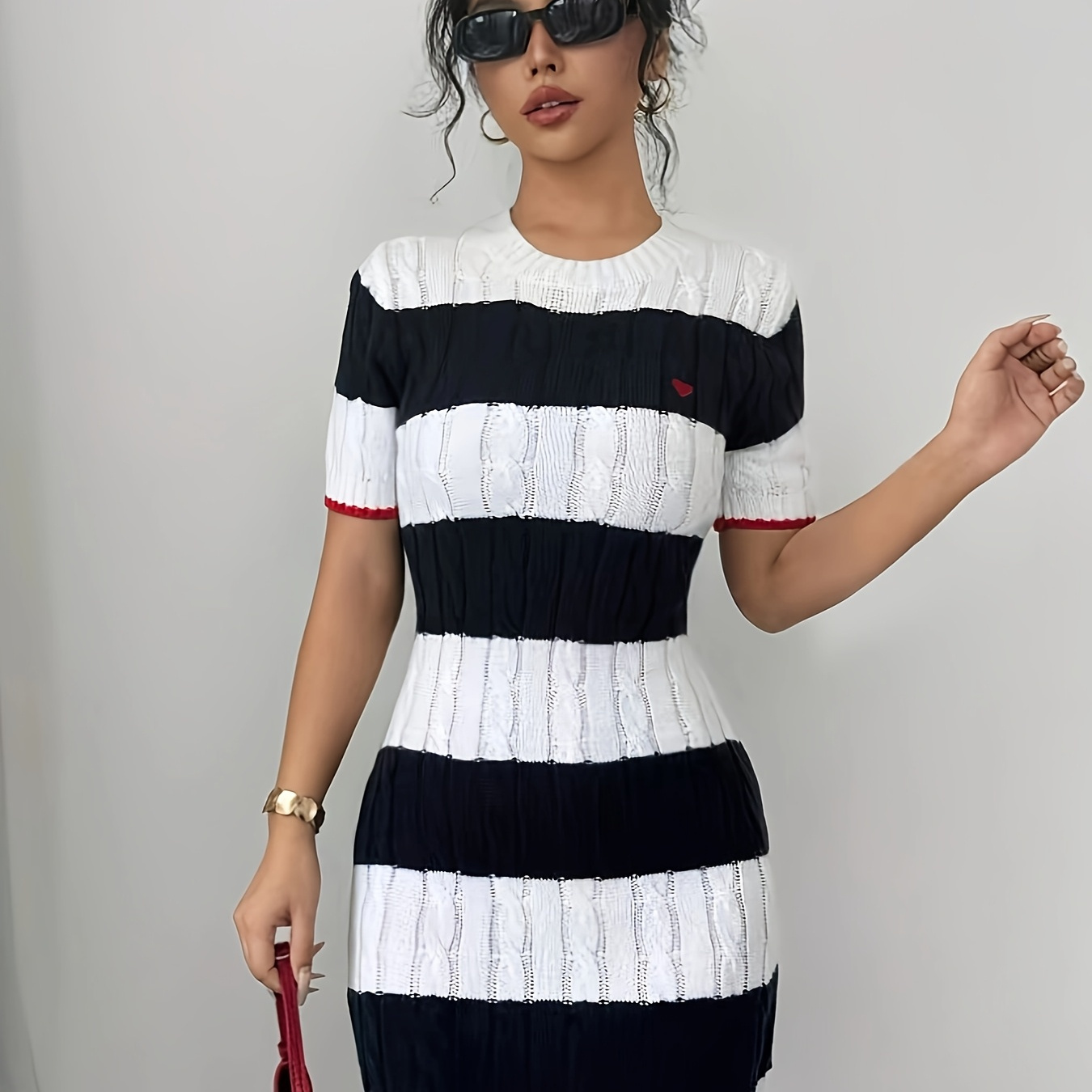 

Chic Striped Knit Mini Dress For Women - Casual Short Sleeve, Round Neck With Colorblock Detail, All