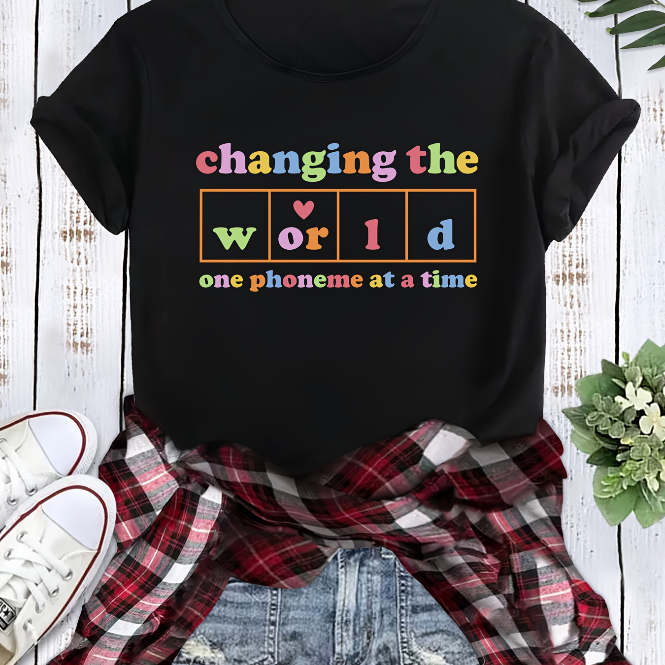 

Women's Casual "changing The " Colored Letter Print T-shirt, Comfortable, Round Neck, Short Sleeve, Wear