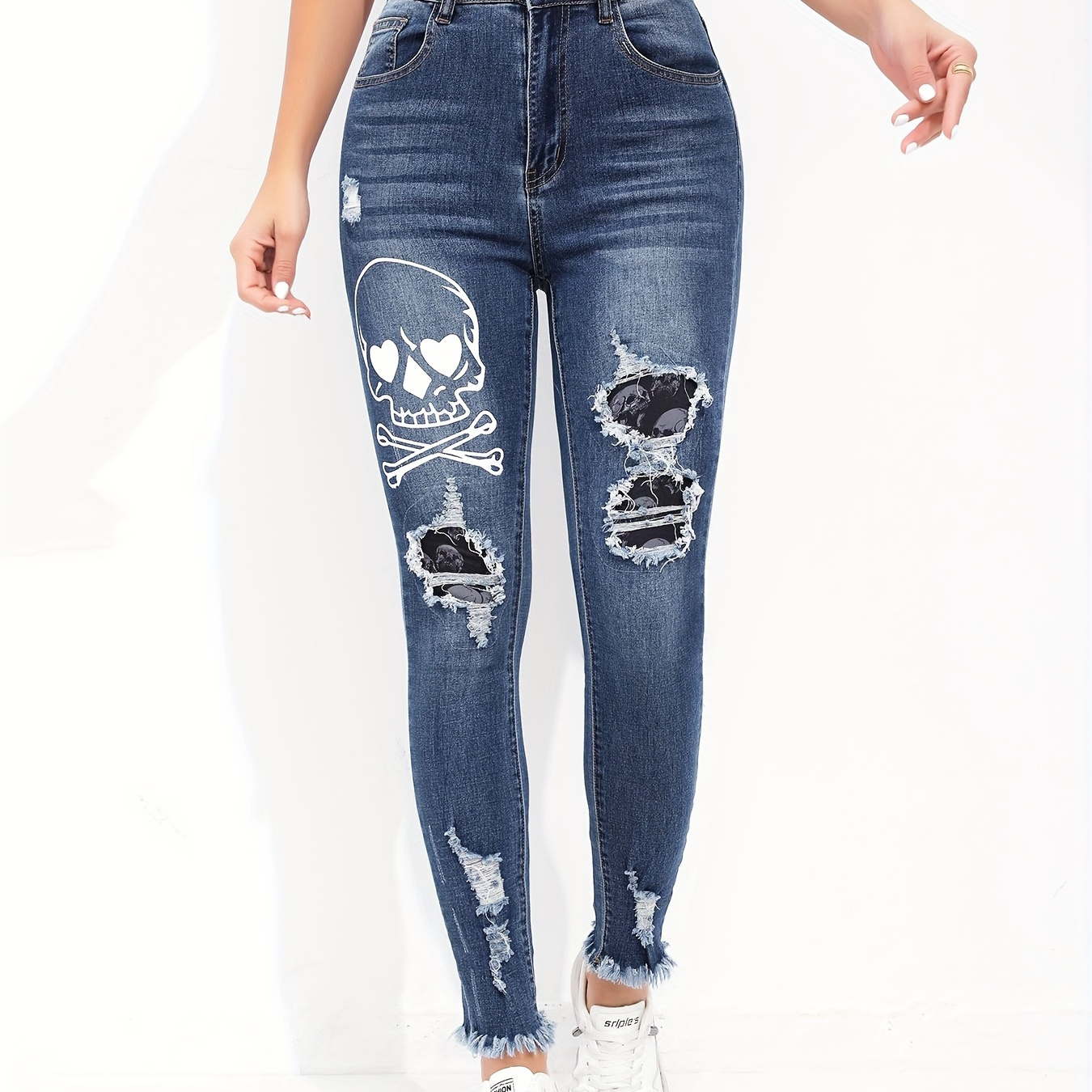 Women's Gothic Punk Jeans Plus Size Skull Print Washed Blue - Temu