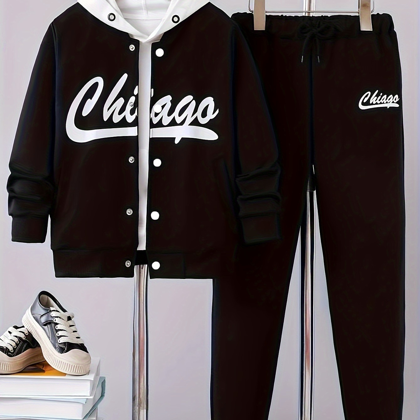 

2pcs Boy's "chicago" Letter Print Varsity Jacket Outfit, Button Front Bomber Jacket & Pants Set, Kid's Clothes For Fall Winter, As Gift
