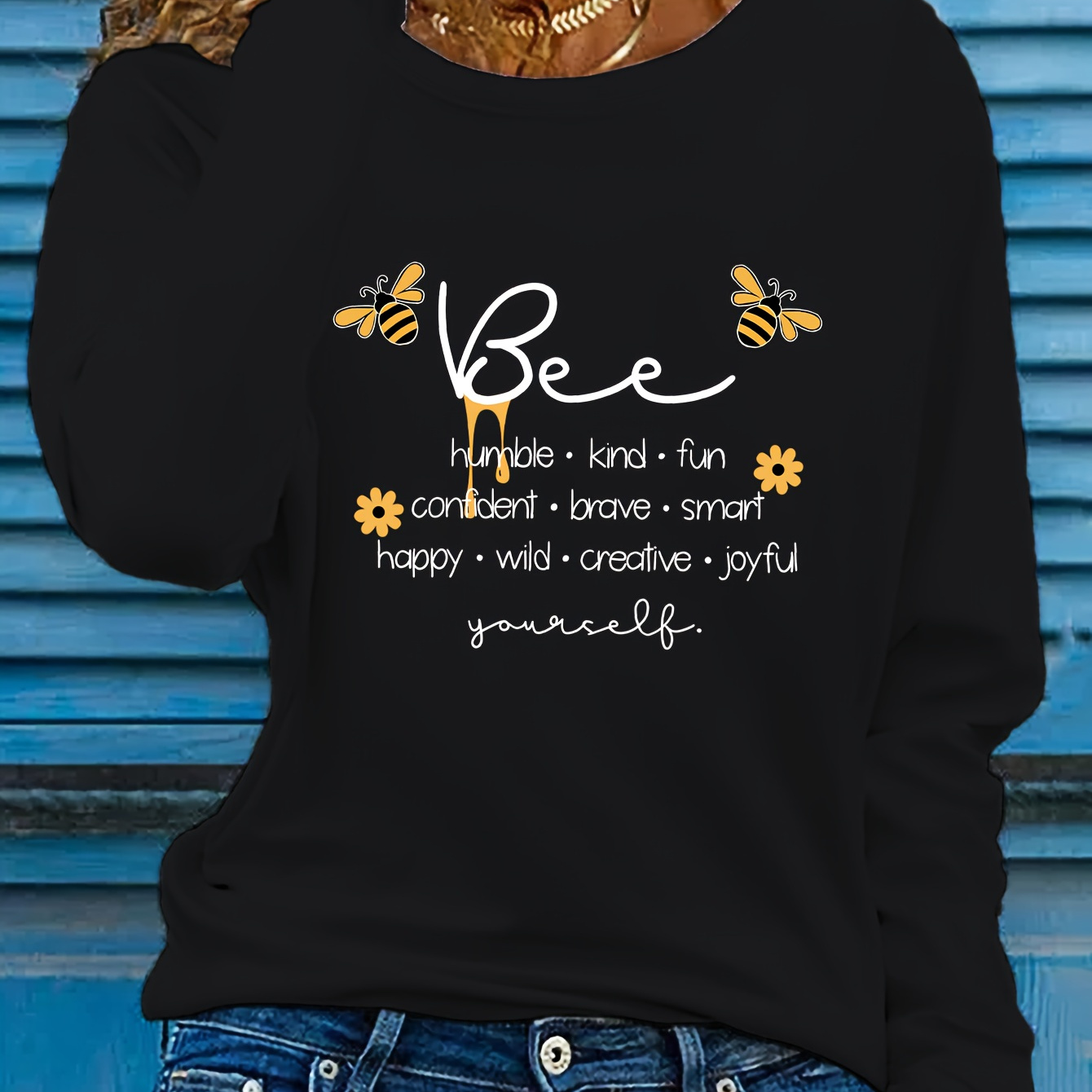 

Women's Inspirational Bee Alphabet Long Sleeve T-shirt, Casual Crew Neck Polyester Top With Applique Detail, Knit Fabric Pullovers For Fall - 100% Polyester, 180gsm