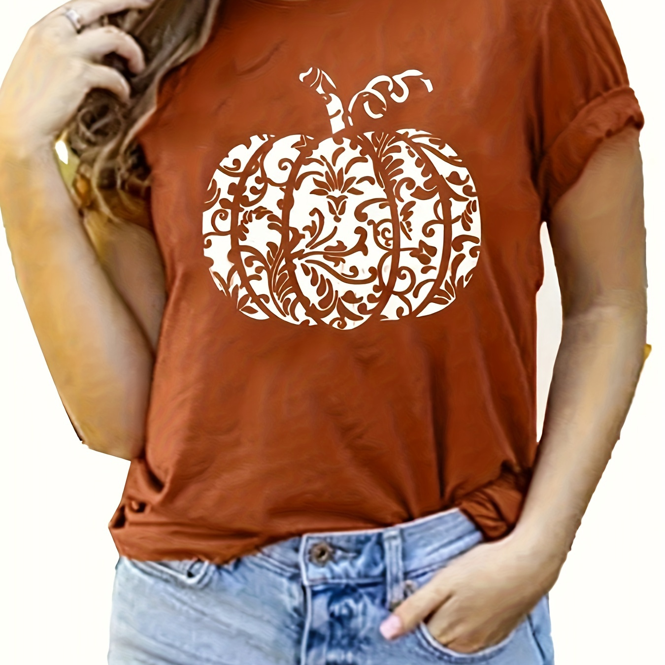 

Plus Size Halloween T-shirt, Women's Plus Floral Pumpkin Print Short Sleeve Round Neck Slight Stretch T-shirt