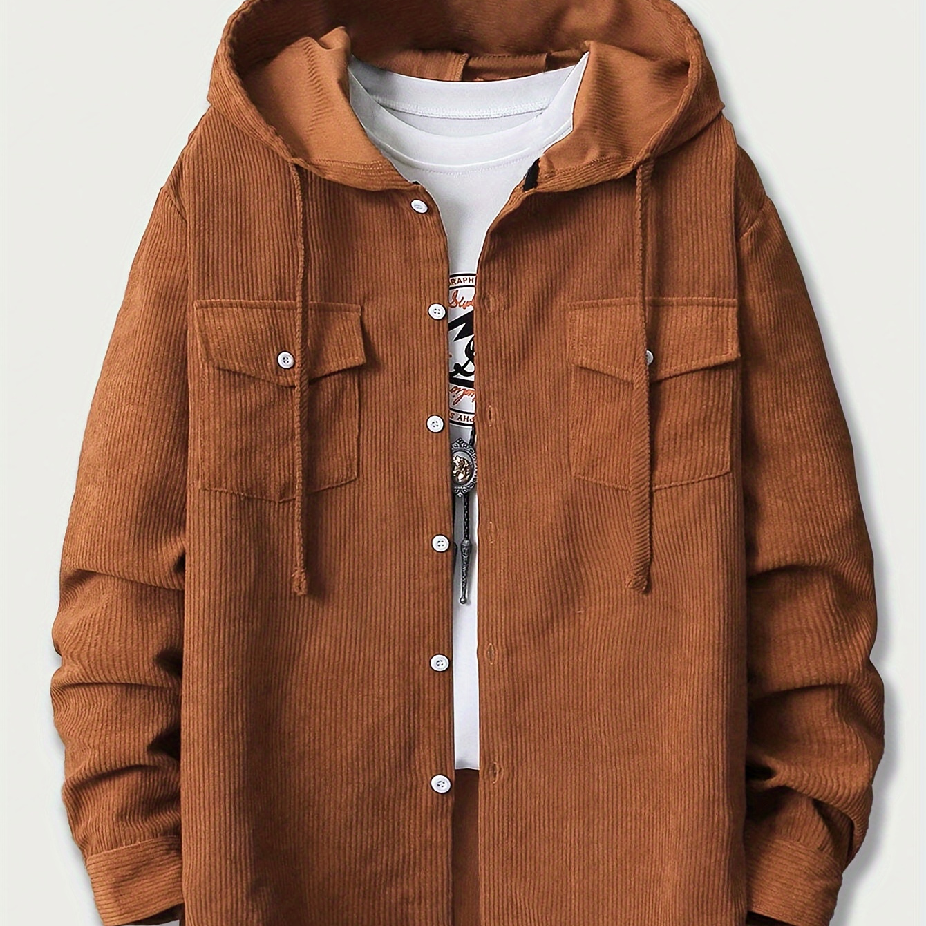 

Men's Corduroy Hooded Shirt With Drawstring & Pockets - Casual Long Sleeve, Solid Color For Fall/winter