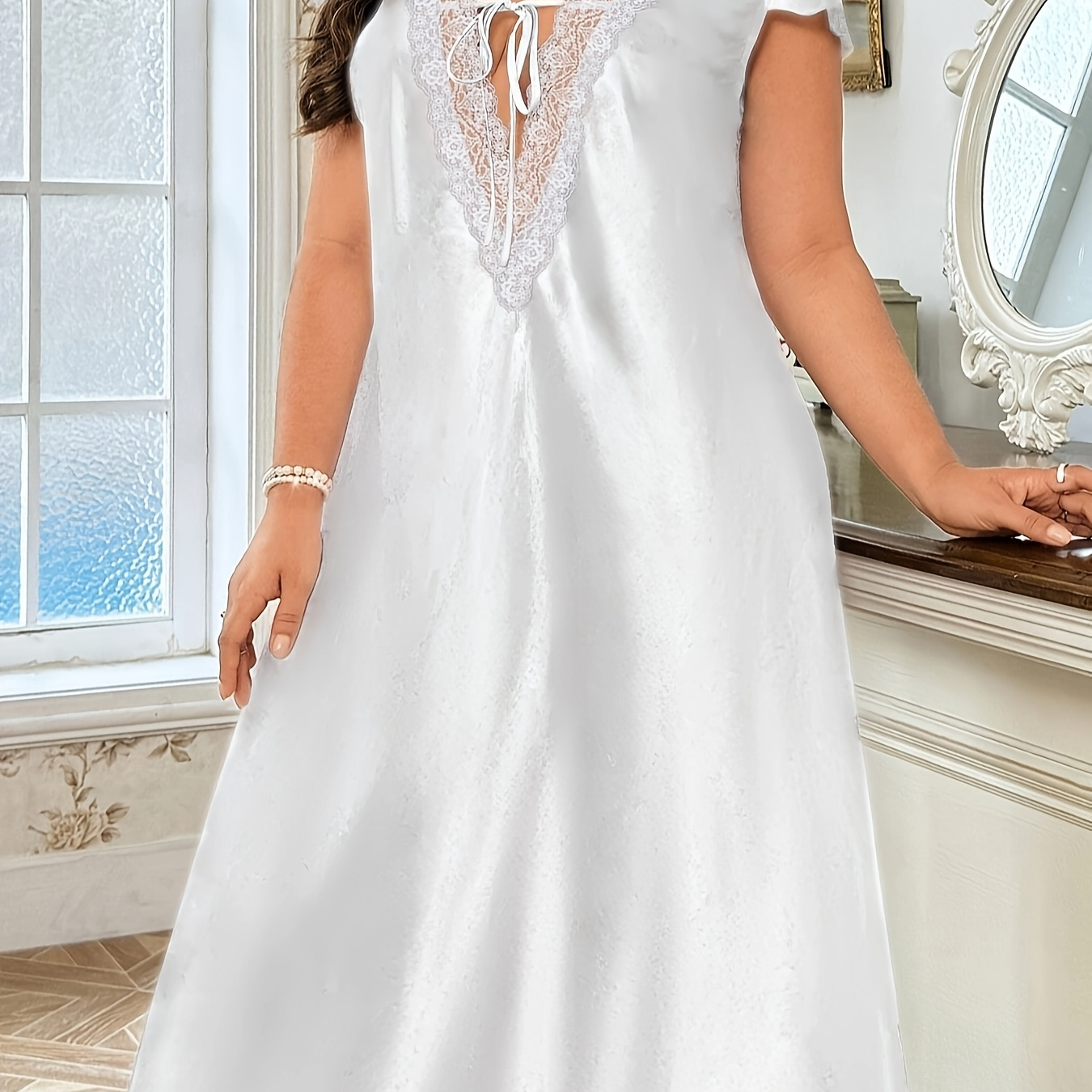 

Size Women's Nightgown With Lace Trim And V-neck - Flowing Silky Design With Tie Detail, Machine Washable, Ideal For Spring/summer/fall, Plus Size Evening Dresses