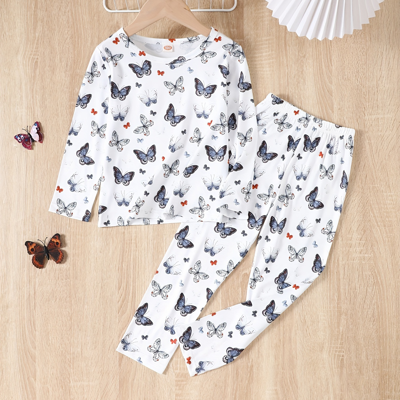 

Butterfly Full Print Girl 2pcs, Long Sleeve Tee + Pants Set Summer Clothes