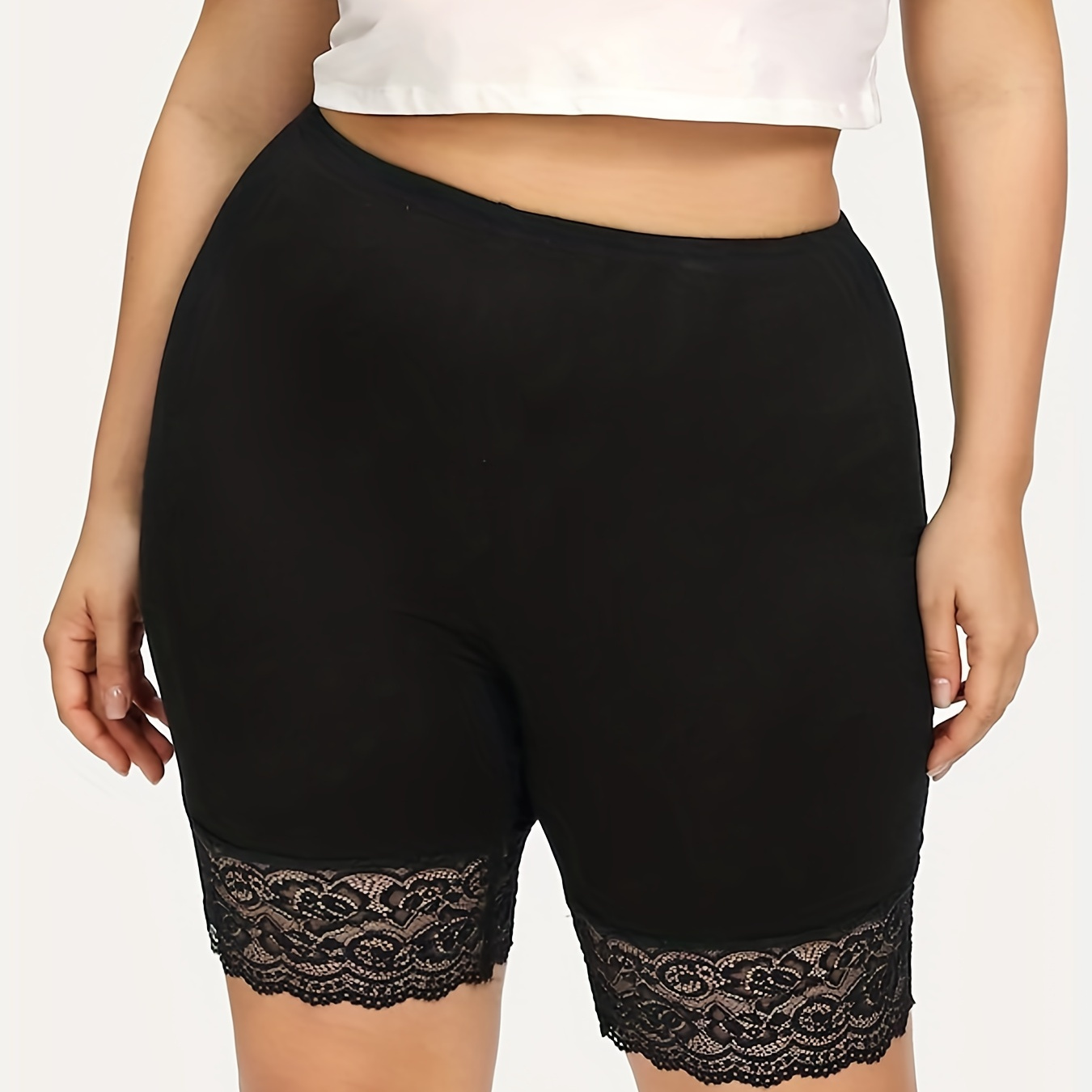 Plus Size Casual Leggings, Women's Plus Plain Contrast Lace Trim High Rise Skinny High Stretch Shorts