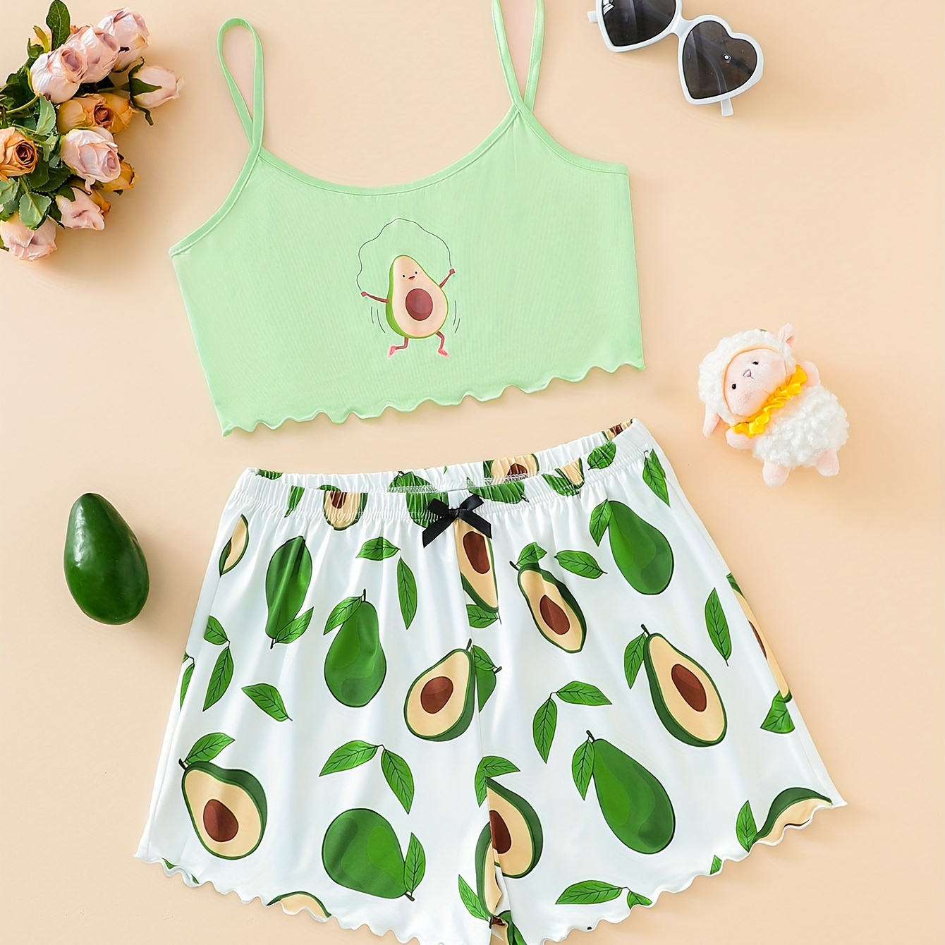 

Women's Cute Avocado Print Frill Trim Pajama Set, Round Neck Backless Crop Cami Top & Shorts, Comfortable Relaxed Fit, Summer Nightwear
