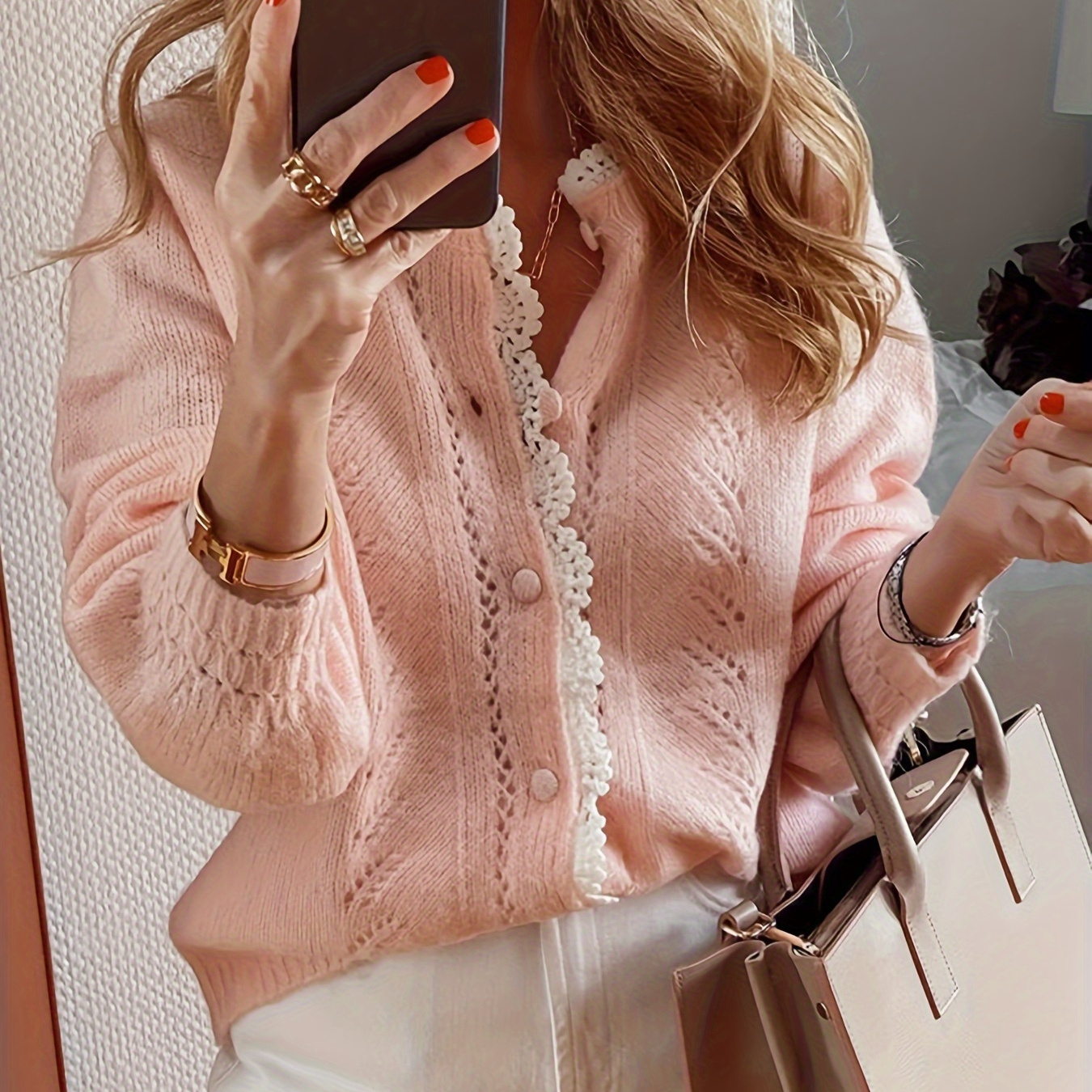 

Contrast Lace Trim Button Front Cardigan, Casual Crew Neck Pointelle Knit Long Sleeve Cardigan For Fall & Spring, Women's Clothing