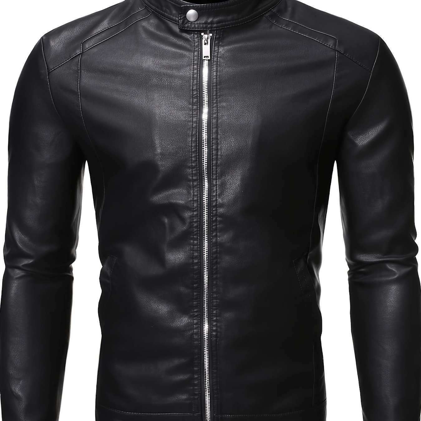 

Men's Pu Leather Jacket With Pockets, Casual Stand Collar Zip Up Slim-fit Long Sleeve Jacket For Outdoor