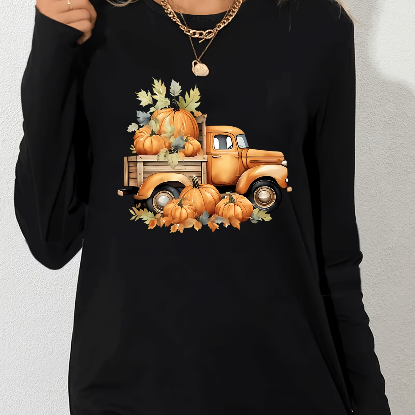 

Women's Fall Winter Casual Long Sleeve T-shirt With Pumpkin Truck Harvest Print, Polyester Spandex Blend, Crew Neck, Comfortable Breathable Sporty Top With Slight Stretch - Knit Fabric