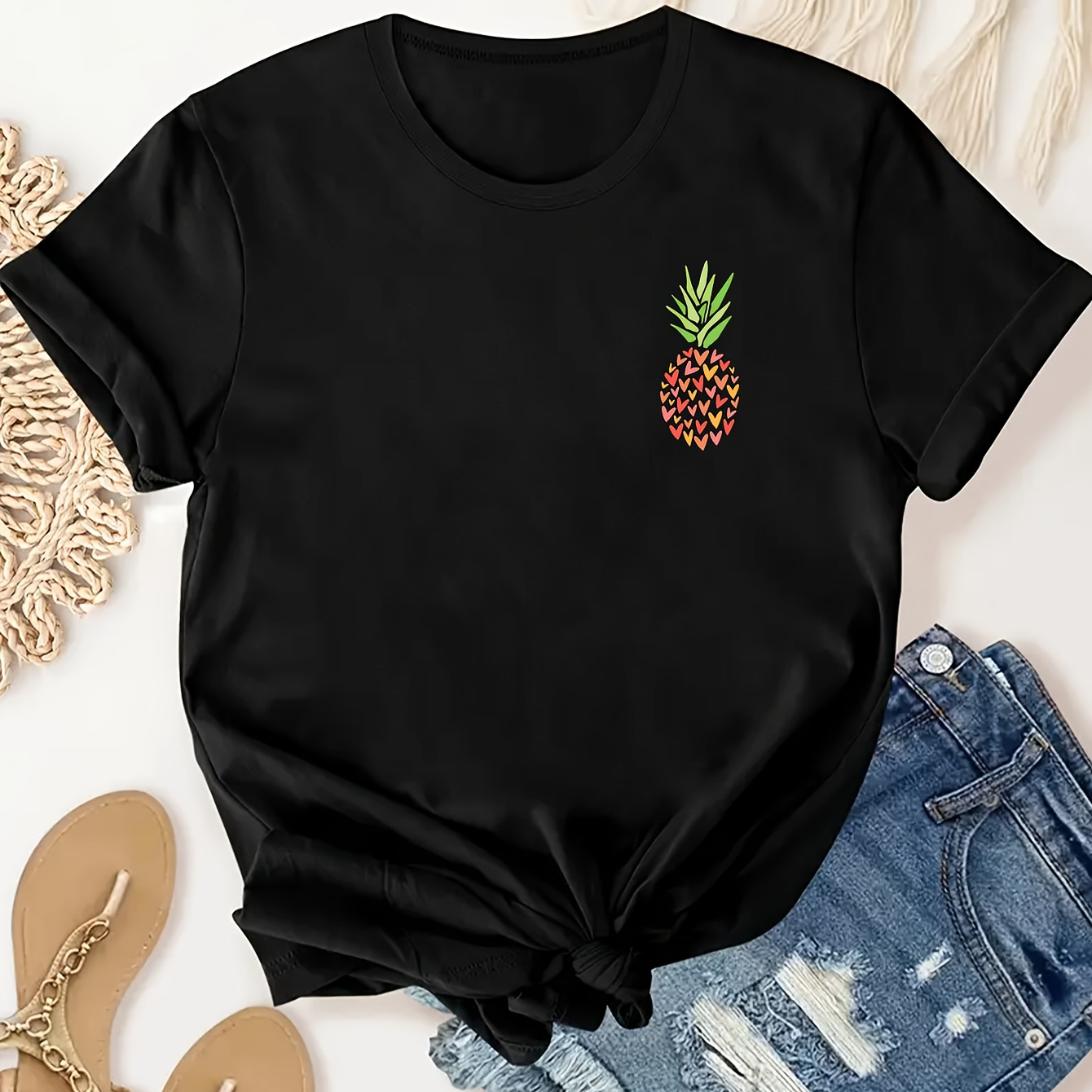 

Pineapple Fruit Graphic Short Sleeve T-shirt, Round Neck Sports Running Casual Top, Women's Activewear