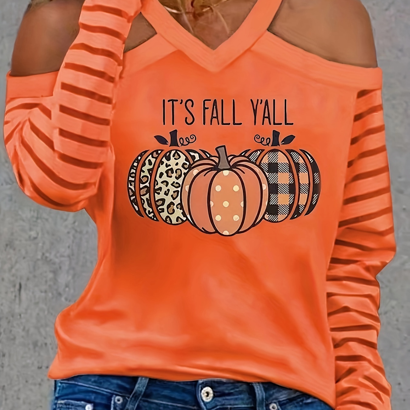 

Pumpkin Print Cold Shoulder T-shirt, Casual V-neck Long Sleeve T-shirt For Spring & Fall, Women's Clothing