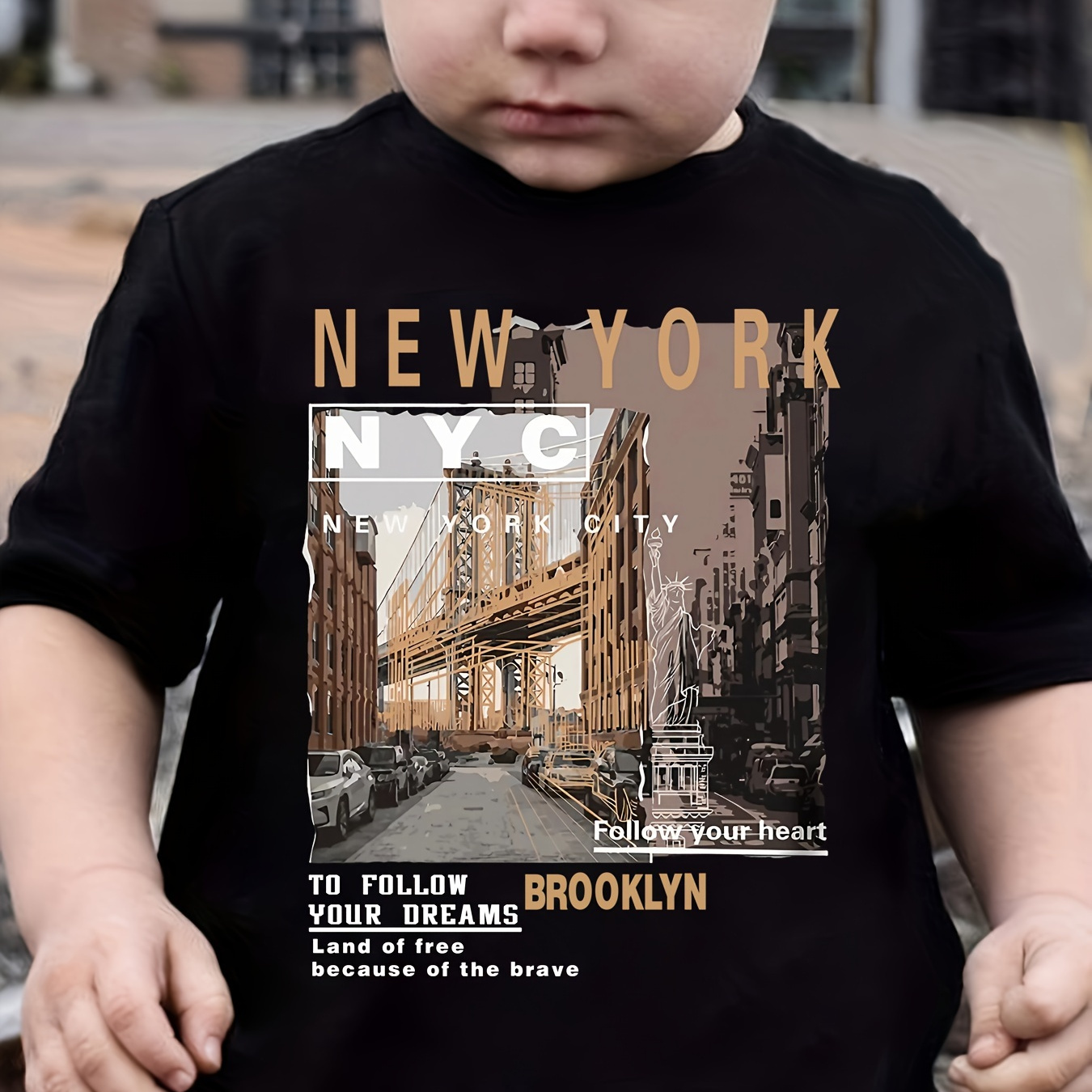 

New York & City View Graphic Print Tee, Boys' Casual & Trendy Crew Neck Short Sleeve Cotton T-shirt For Spring & Summer, Boys' Clothes For Everyday Life