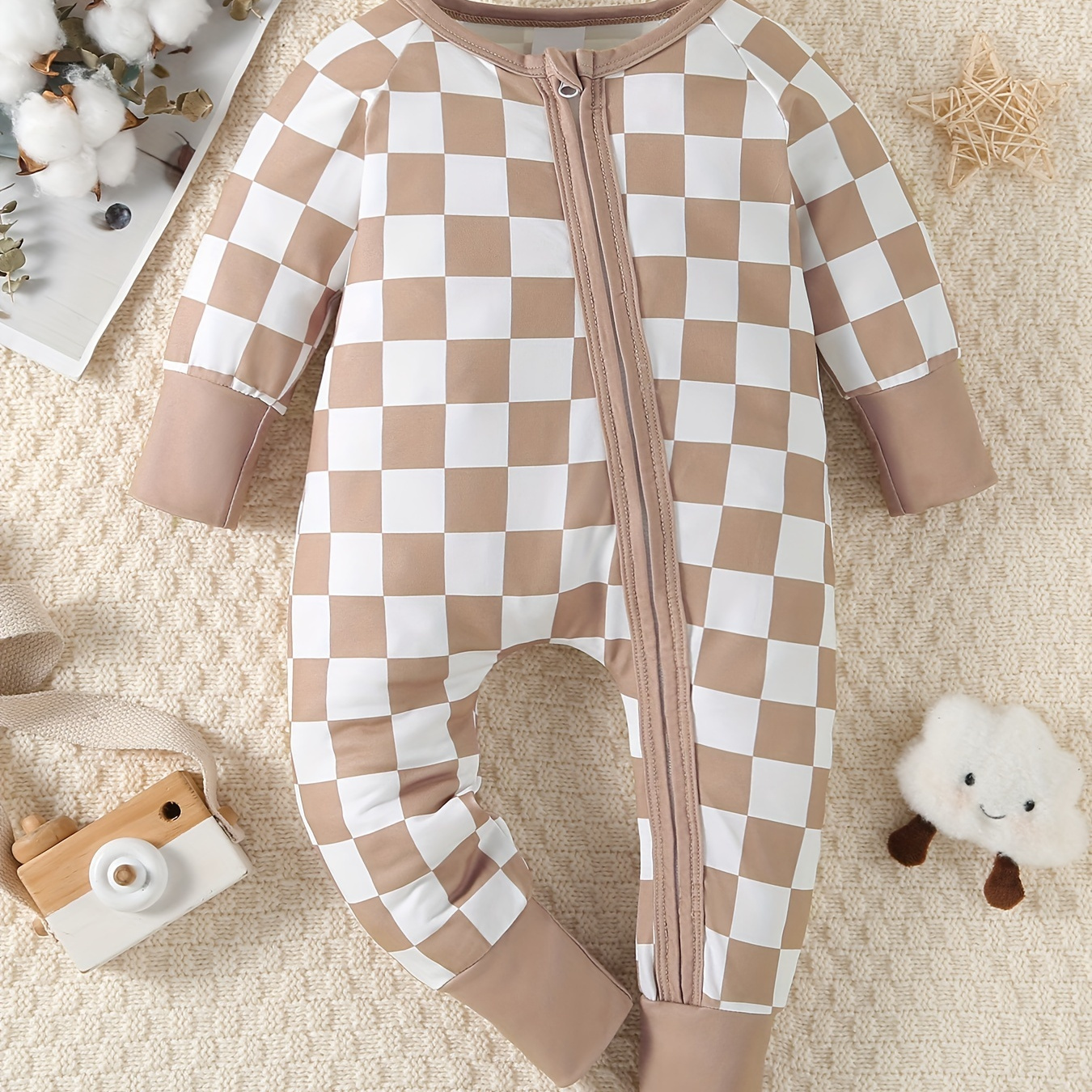 

Infant's Zip Up Checkerboard Pattern Bodysuit, Comfy Long Sleeve Onesie, Baby Boy's Clothing, As Gift