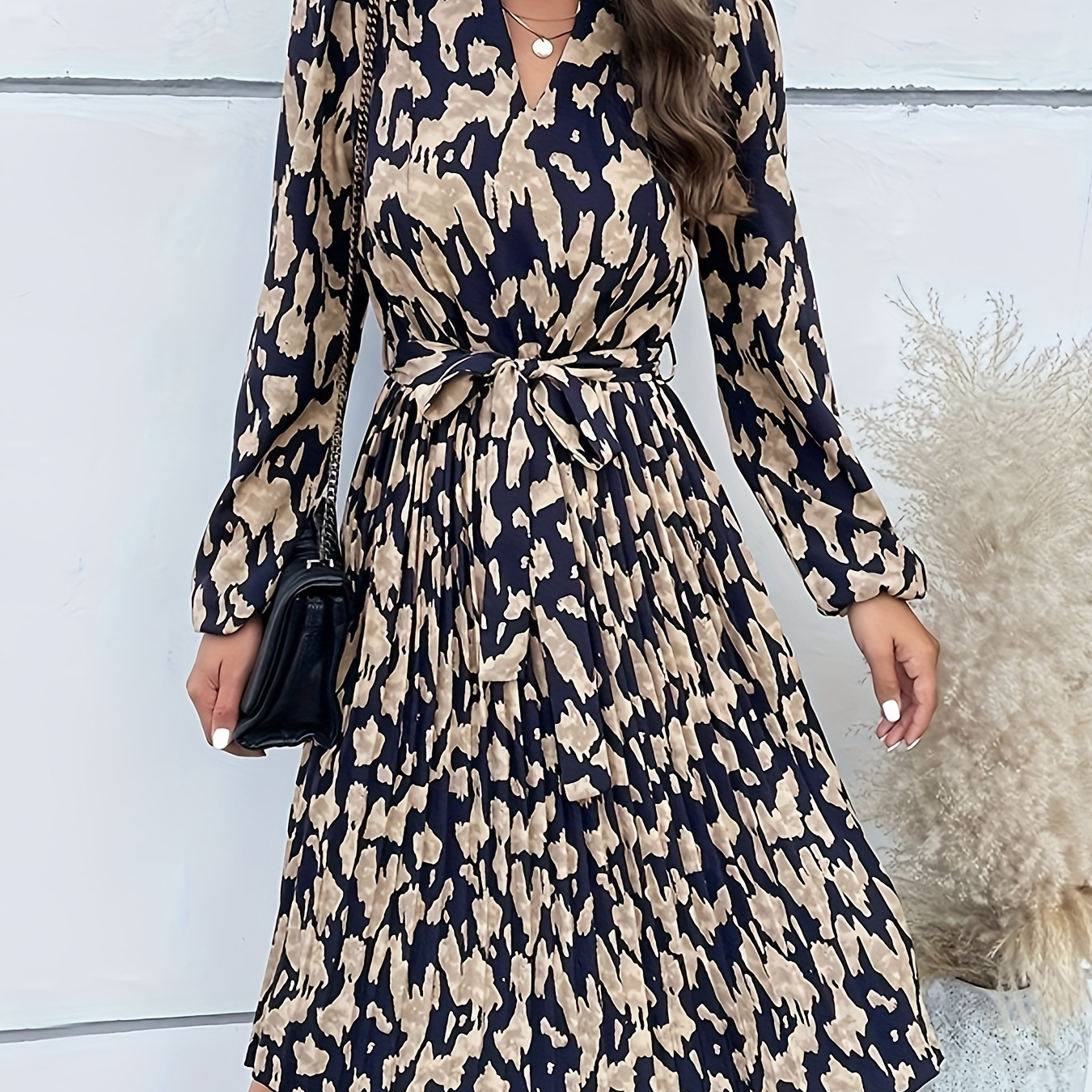 

All Over Print V Neck Dress, Elegant Long Sleeve Belted Dress, Women's Clothing