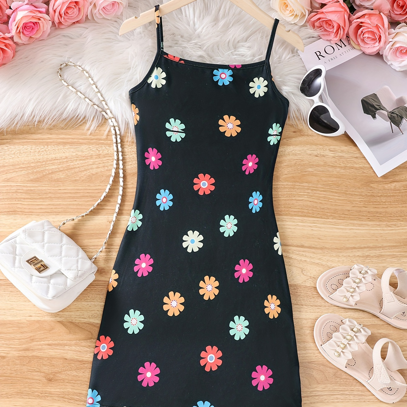 

Daisy Flowers Print Girls Cami Dress, Breathable Comfy Suspender Dresses For Summer Party Going Out