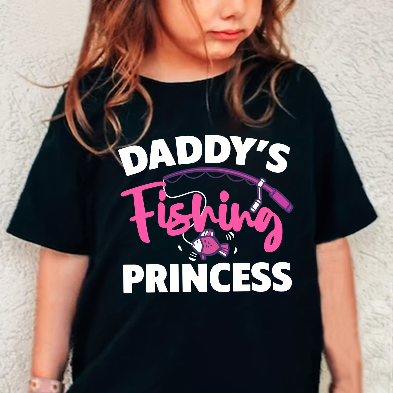 

Daddy's Fishing Princess Graphic Print Tee, Girls' Casual & Trendy Crew Neck Short Sleeve T-shirt For Spring & Summer, Girls' Clothes For Outdoor Activities