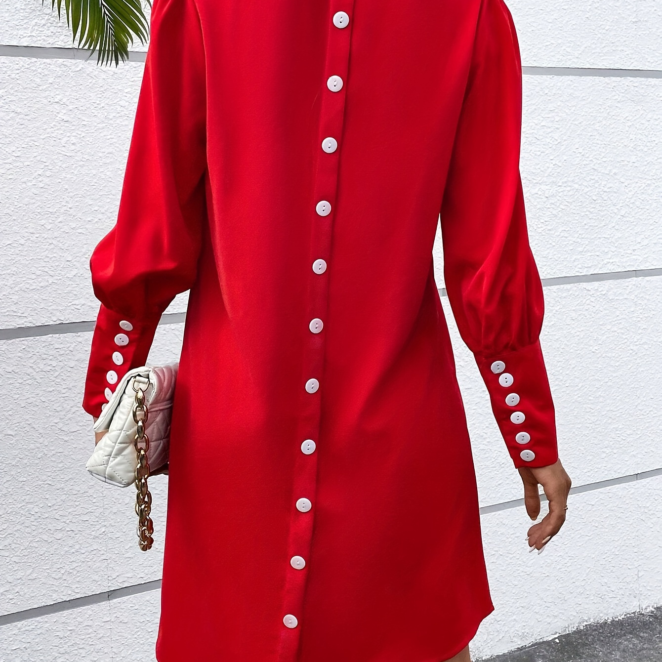 

Elegant V-neck Long Dress With Button Detail - Puff Sleeves, Cinched Waist, Solid Color - Spring/fall