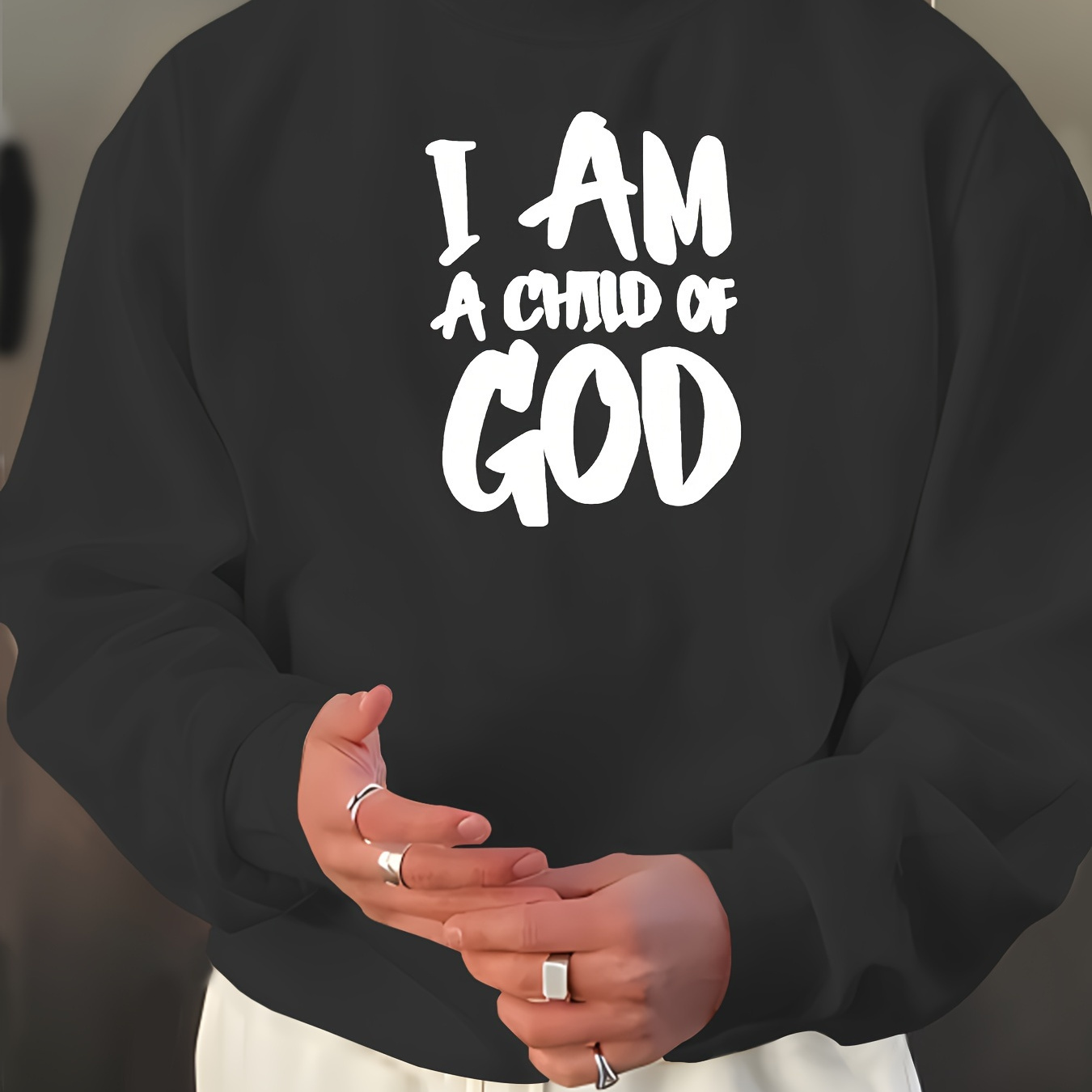

I Am A Child Of God Print, Sweatshirt With Long Sleeves, Men's Creative Slightly Flex Crew Neck Pullover For Spring Fall And Winter