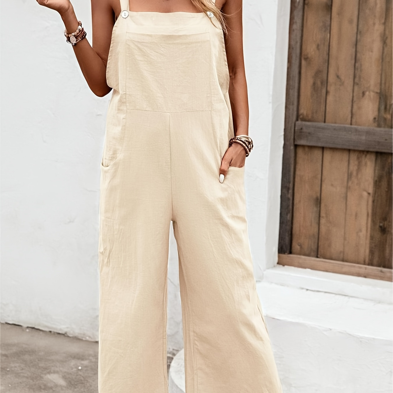Solid Patched Pocket Overall Jumpsuit Casual Overall - Temu
