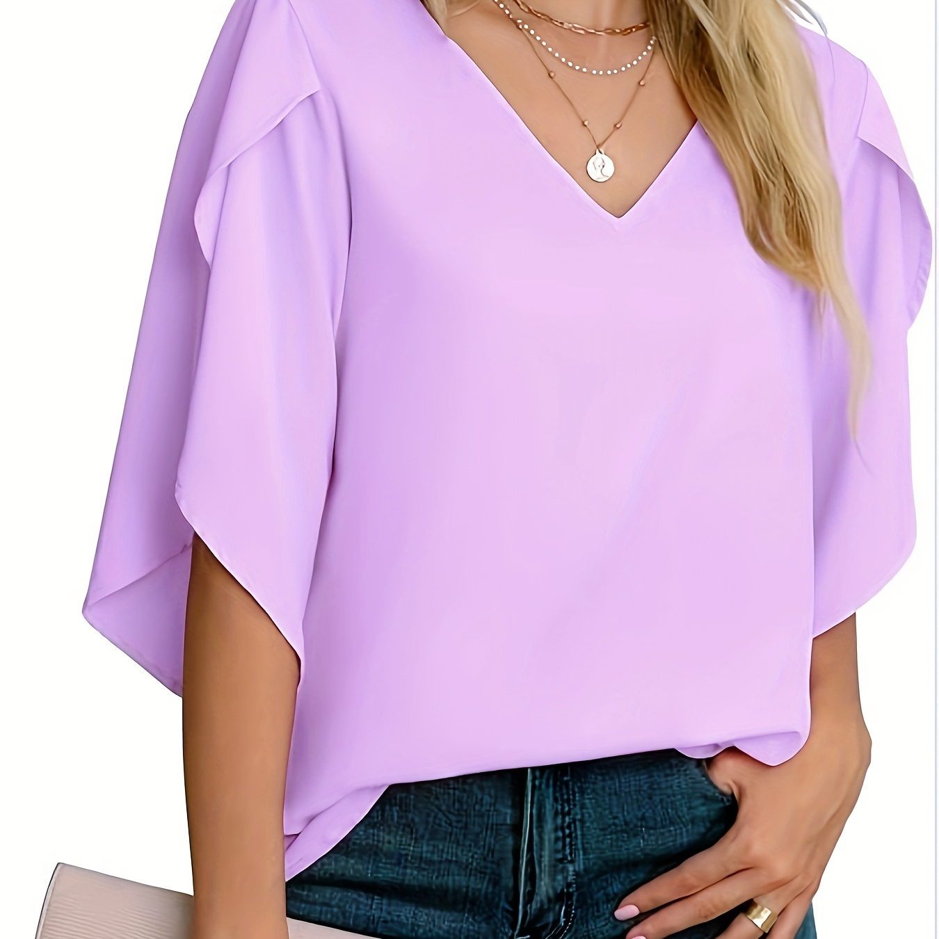

Solid Color V-neck Blouse, Elegant Petal Sleeve Top For Spring & Summer, Women's Clothing