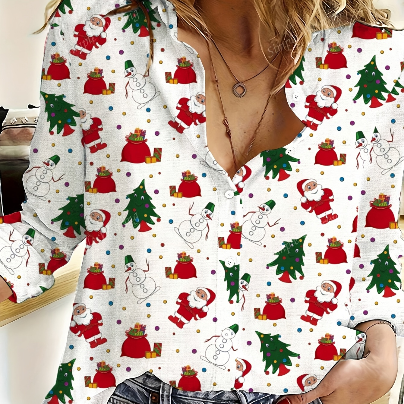 

Women' Casual Shirt With Random Snowman Print And Long Sleeves