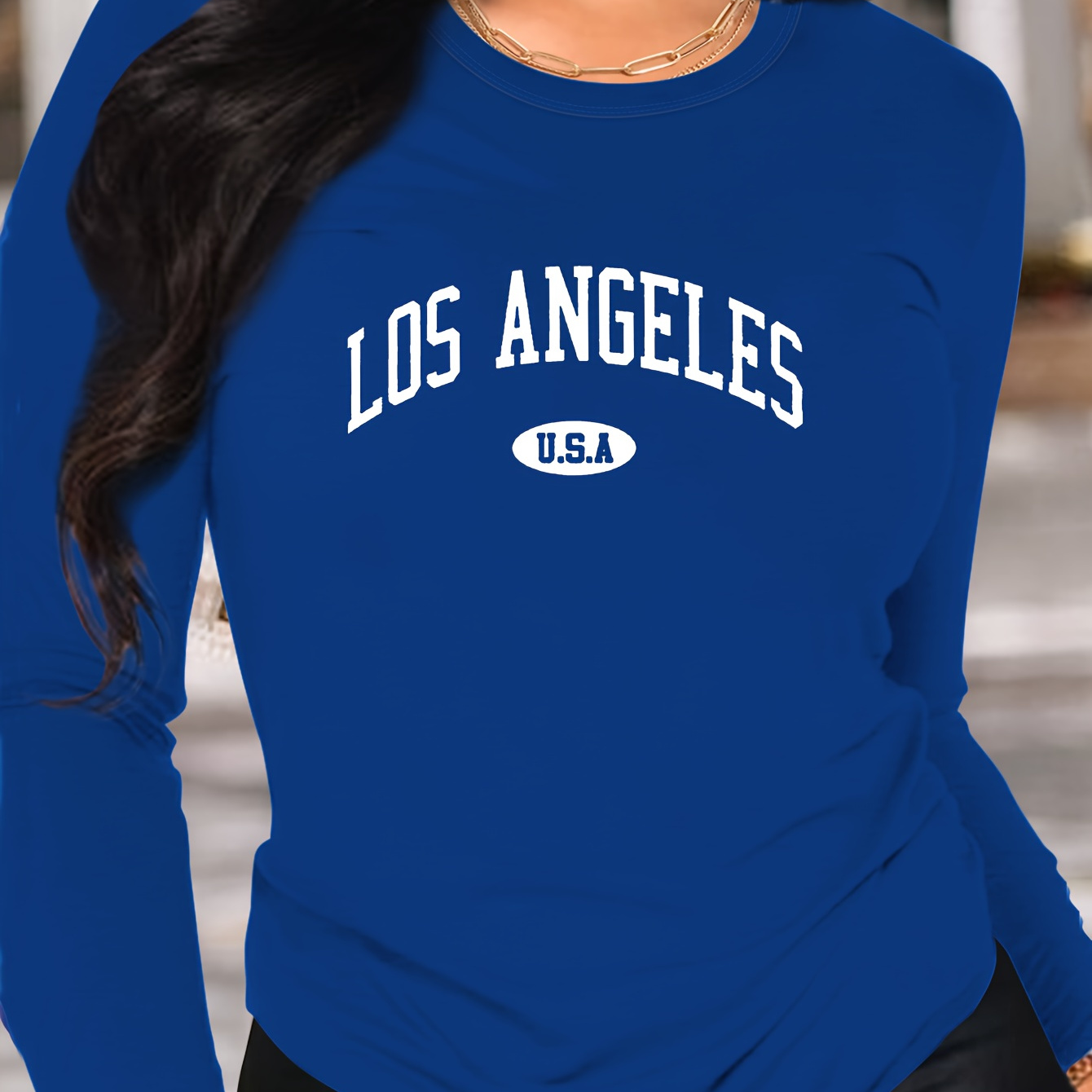 

Los Angeles Print T-shirt, Long Sleeve Crew Neck Casual Top For Spring & Fall, Women's Clothing