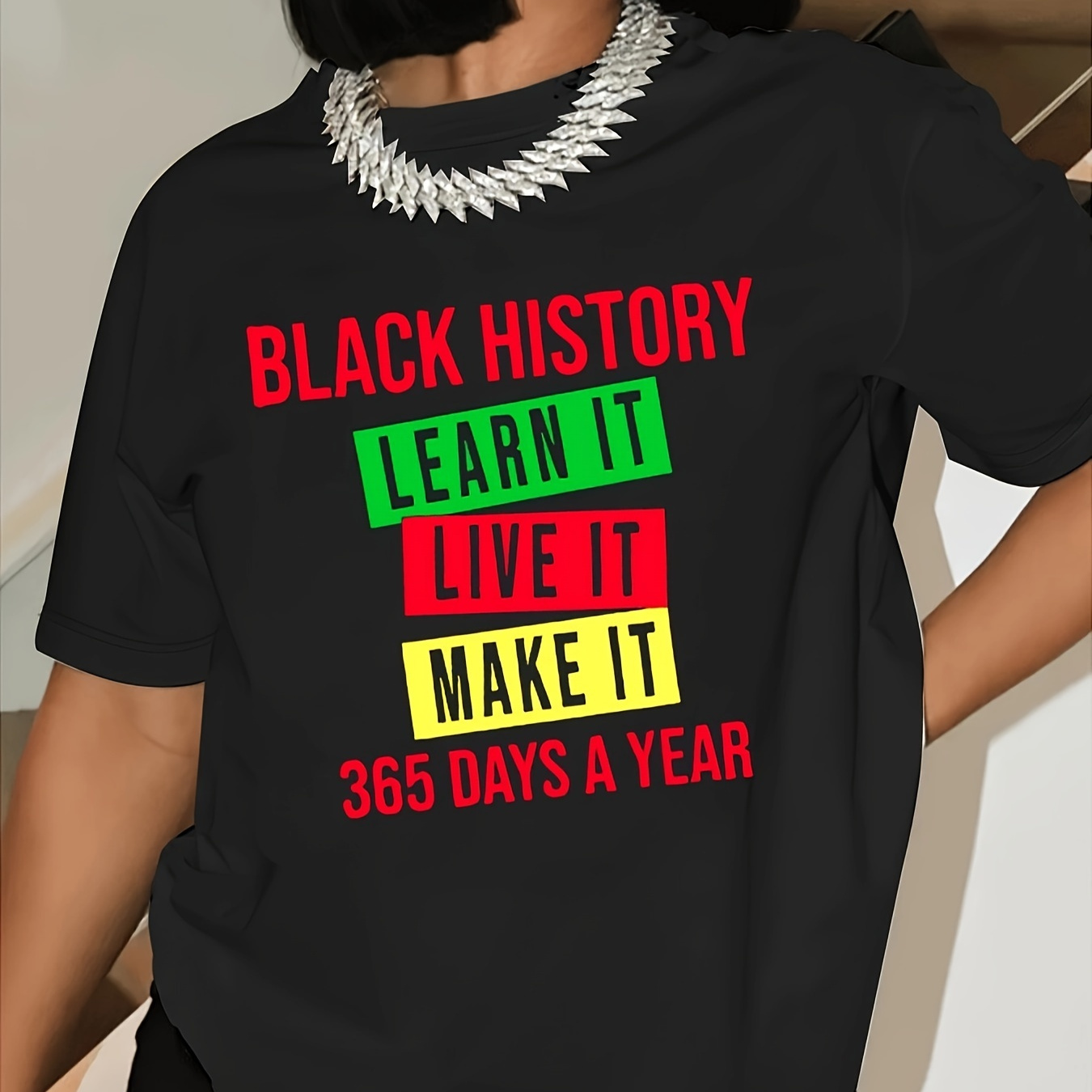 

Black History Month Print T-shirt, Short Sleeve Crew Neck Casual Top For Summer & Spring, Women's Clothing