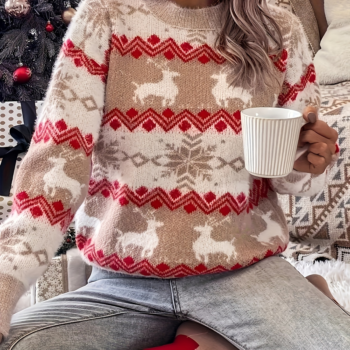 

Christmas Pattern Crew Neck Sweater, Casual Long Sleeve Sweater For Fall & Winter, Women's Clothing