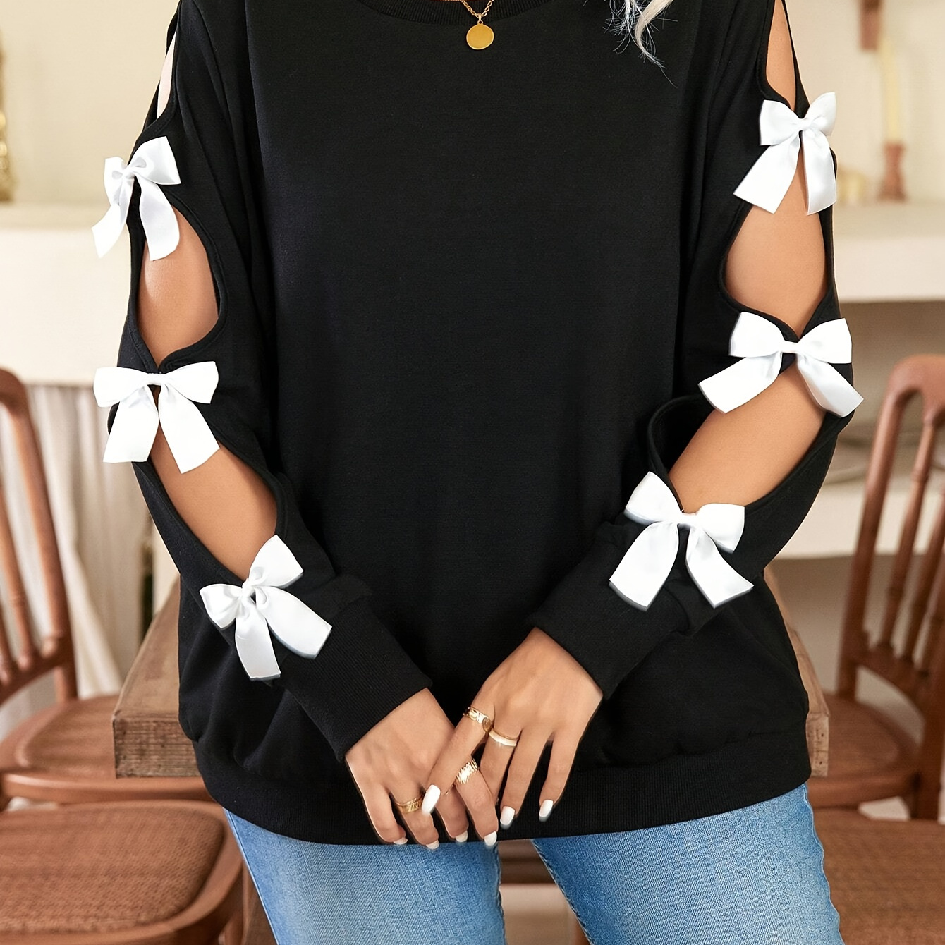 

Size Solid Color T-shirt With Bow Detail - Stretchy Spandex/polyester , Machine Washable - Spring, Summer & Fall