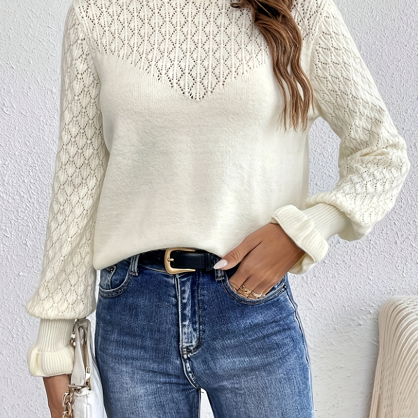 

Hollow Out Pullover Sweater, Elegant Sleeve Drop Shoulder Top For Spring & Fall, Women's Clothing
