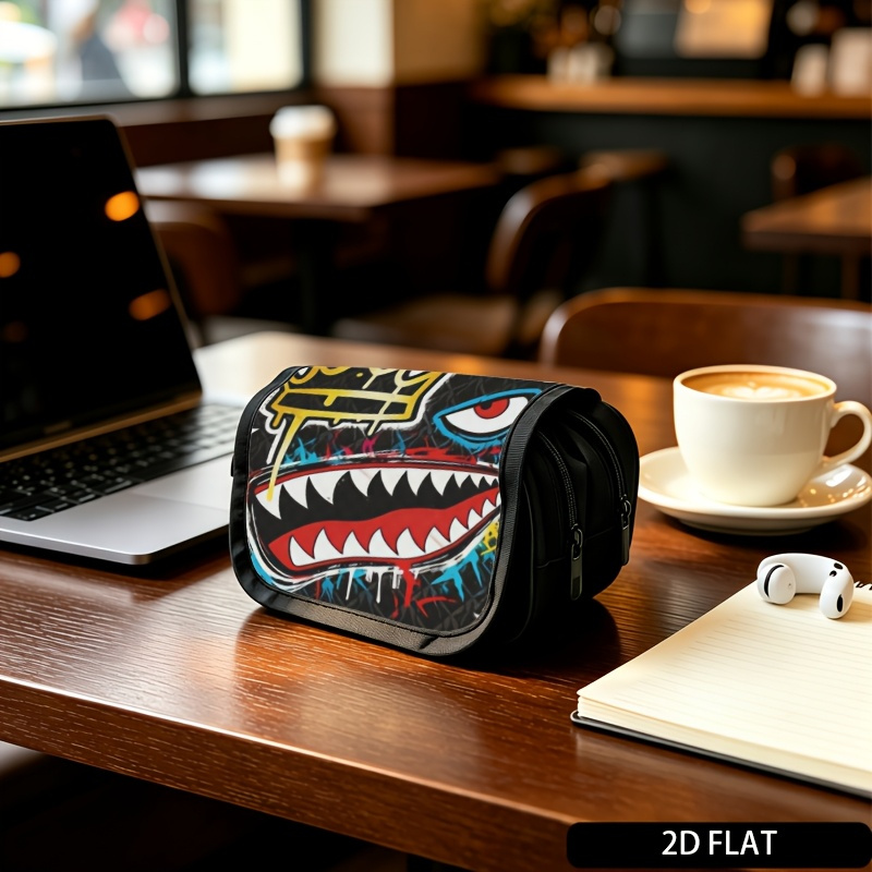 TEMU 1 pz Astuccio a con chiusura a , Squalo graffiti con corona , Grande capacit�, Borsa porta penne portatile in poliestere con chiusura a zip, per