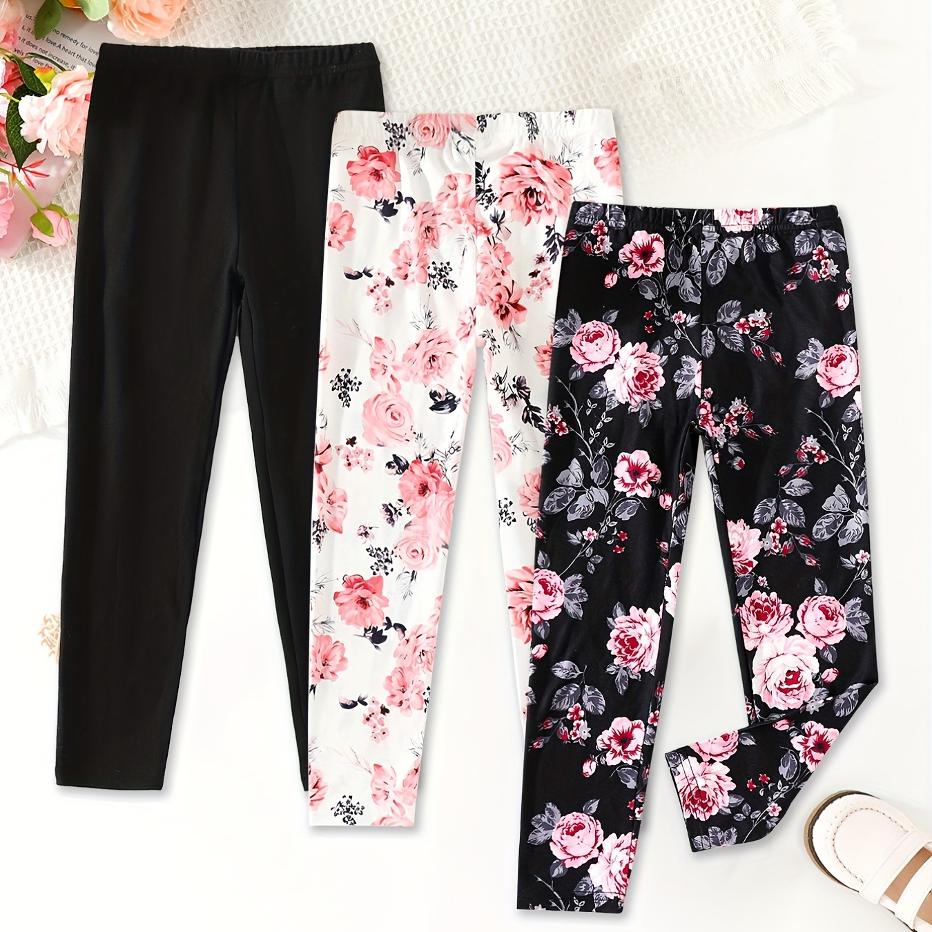 

3pcs Toddler Girls Boho Floral Print Tight Fit Ankle Pants Set For Spring And Summer