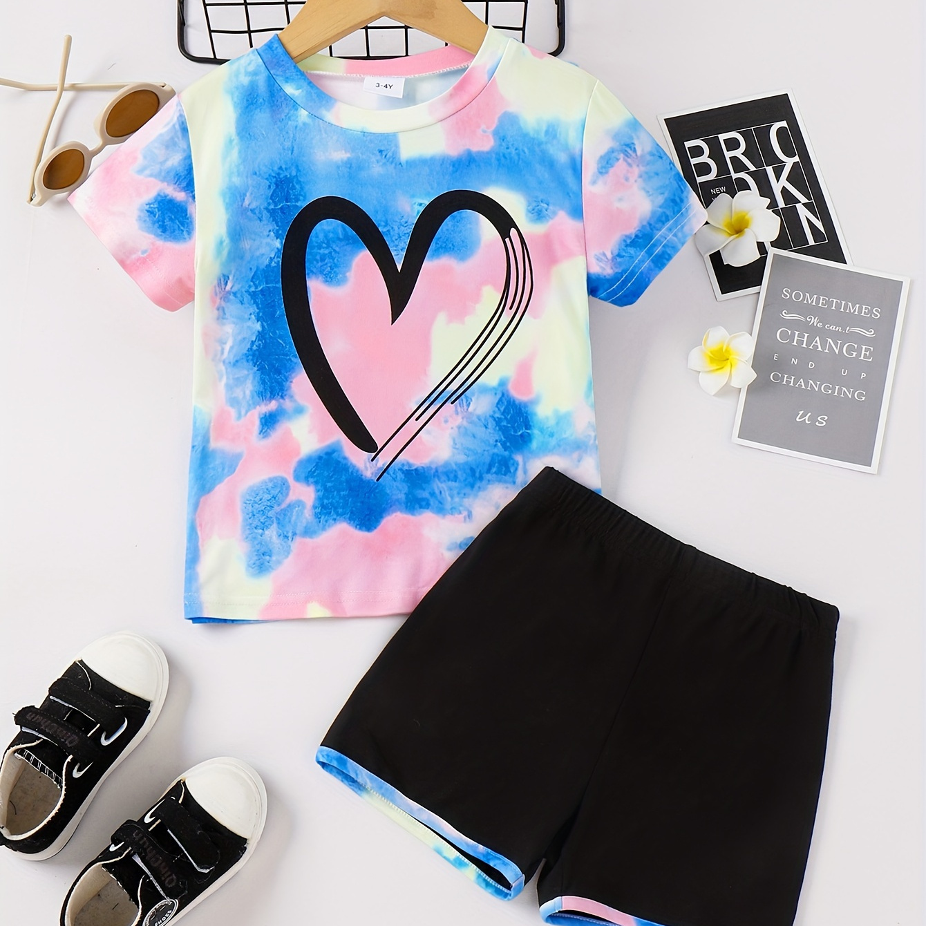 

2pcs Toddler Girls Tie Dye Heart Graphic T-shirts Round Neck Short Sleeve Tees Top & Elastic Waist Splicing Shorts Set Kids Summer Clothes