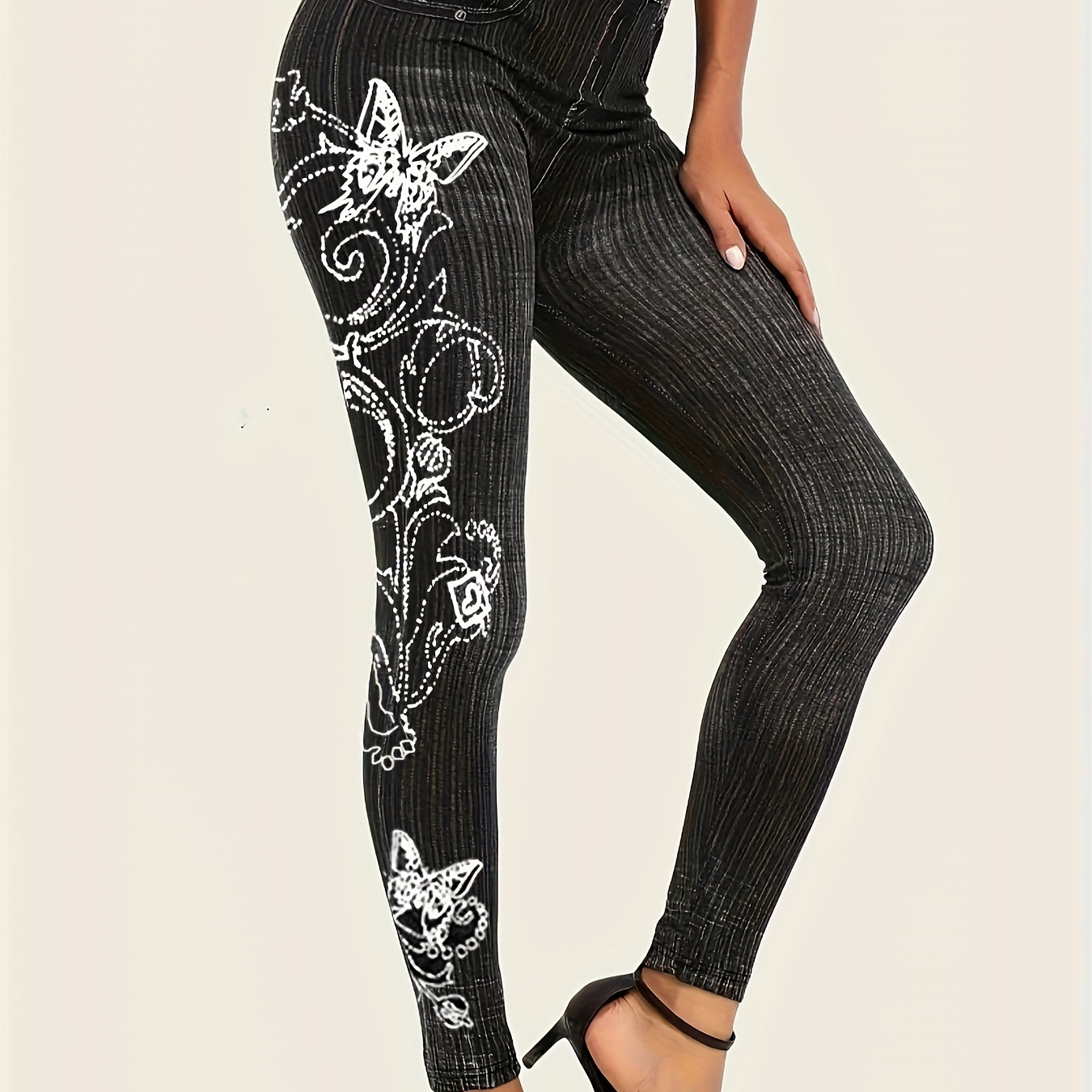 

Women's High-waist Stretchy Denim-look Leggings With Floral Print - Casual, Machine Washable