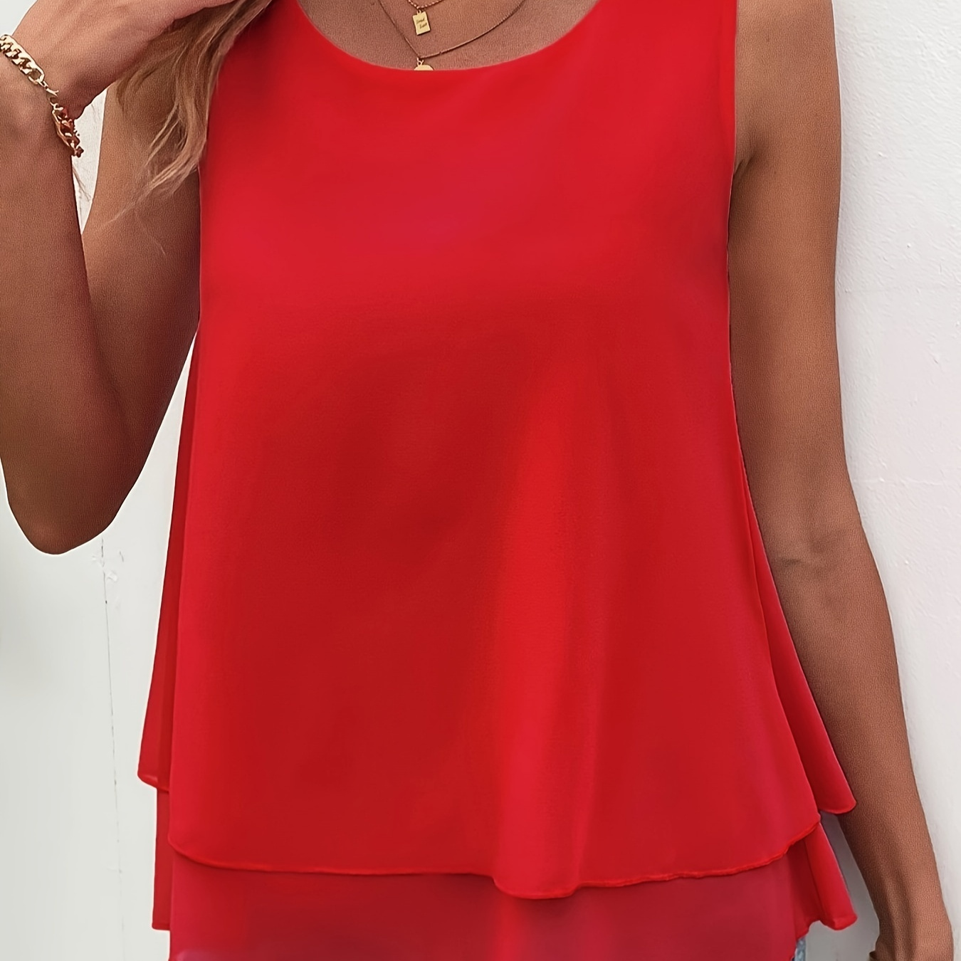 

Solid Color Layered Tank Top, Casual Crew Neck Sleeveless Summer Tank Top, Women's Clothing
