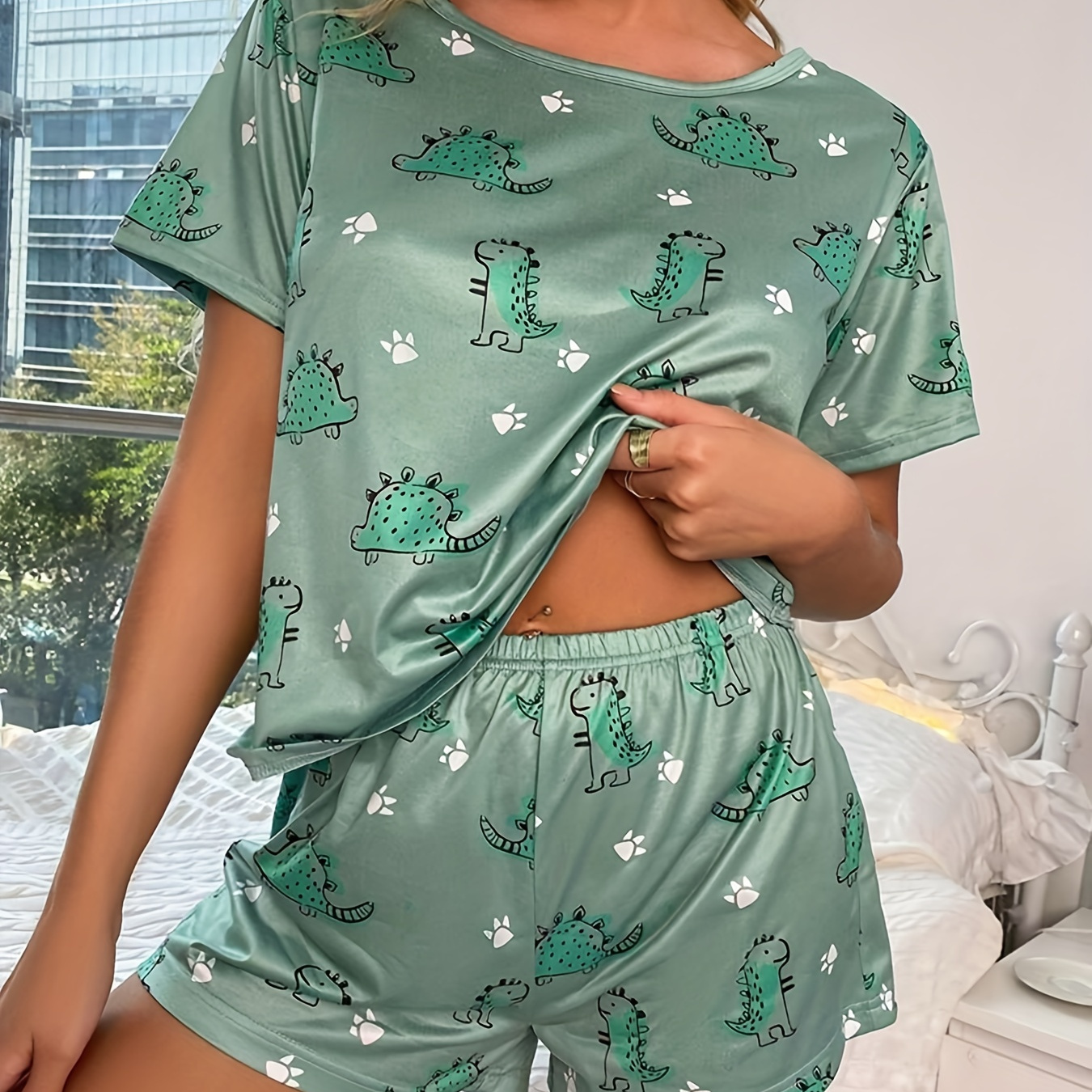 

Women's Cute Dinosaur Print Pajama Set, Short Sleeve Round Neck Top & Shorts, Comfortable Relaxed Fit