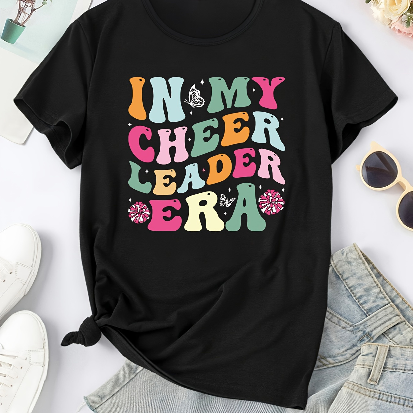 

Cheer Leader Print Crew Neck T-shirt, Short Sleeve Casual Top For Summer & Spring, Women's Clothing