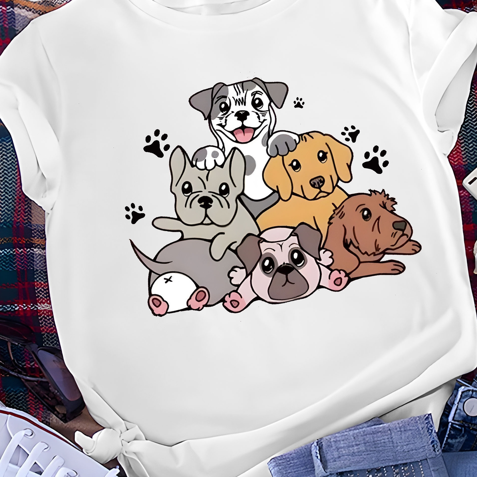 Cartoon Dog Print Lounge Tops, Short Sleeve Crew Neck Top, Women's Loungewear & Sleepwear