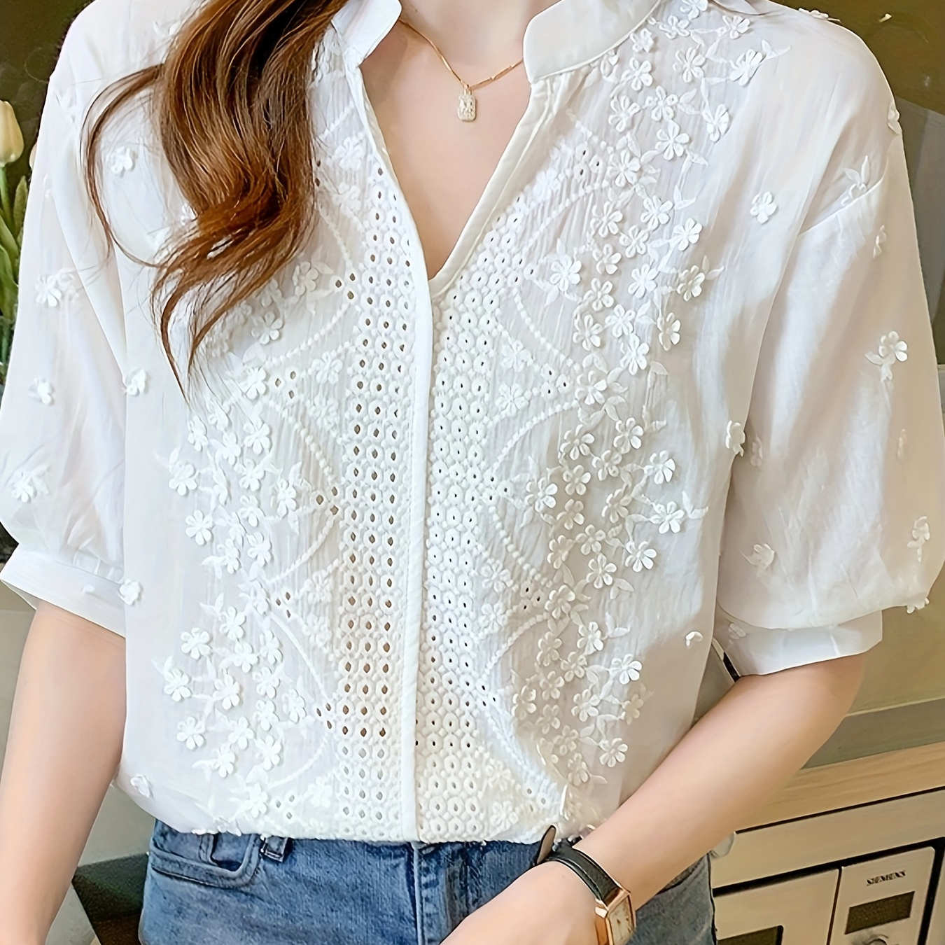 

1pc Chic V-neck Embroidered Polyester Blouse For Women, Short Sleeve Woven Shirt With Hollow Out Design, Solid