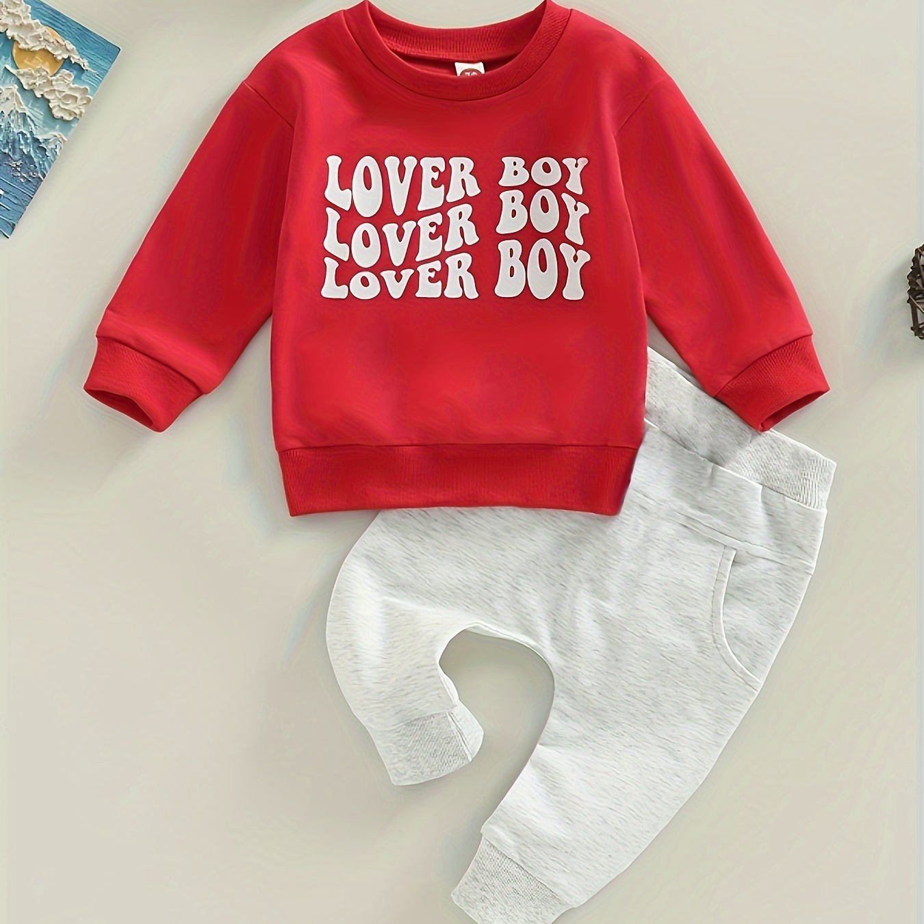 

2pcs Ensemble Col Rond Imprimé "Lover Boy" Pour Bébé, Sweat-shirt Et Pantalon, Vêtements Pour Bébé Garçon, En Cadeau