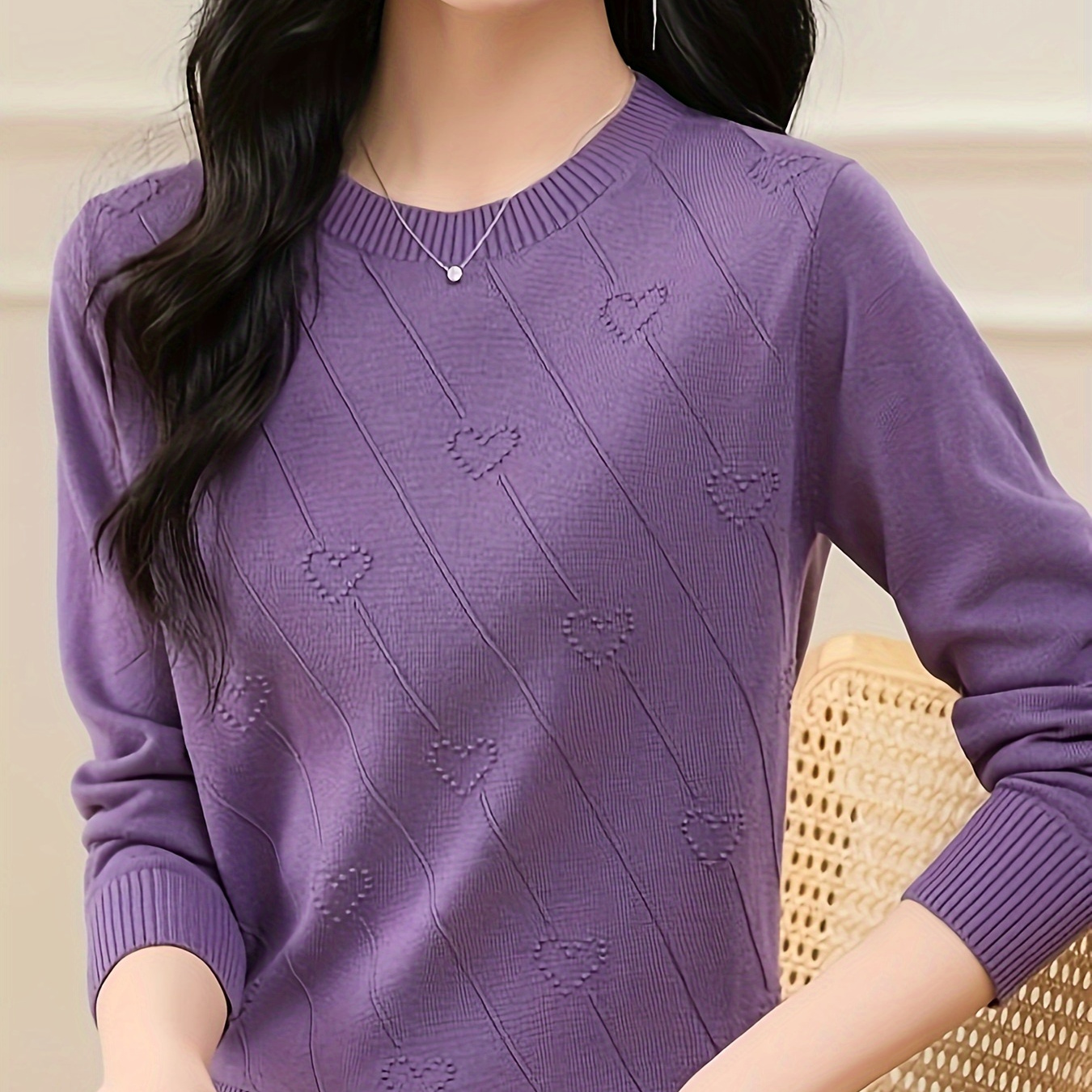 

1pc Women's Casual Viscose Long Sleeve Top - Embroidered Crew Neck Knit Sweater, Solid Color, , 75% Viscose 25% Polyester