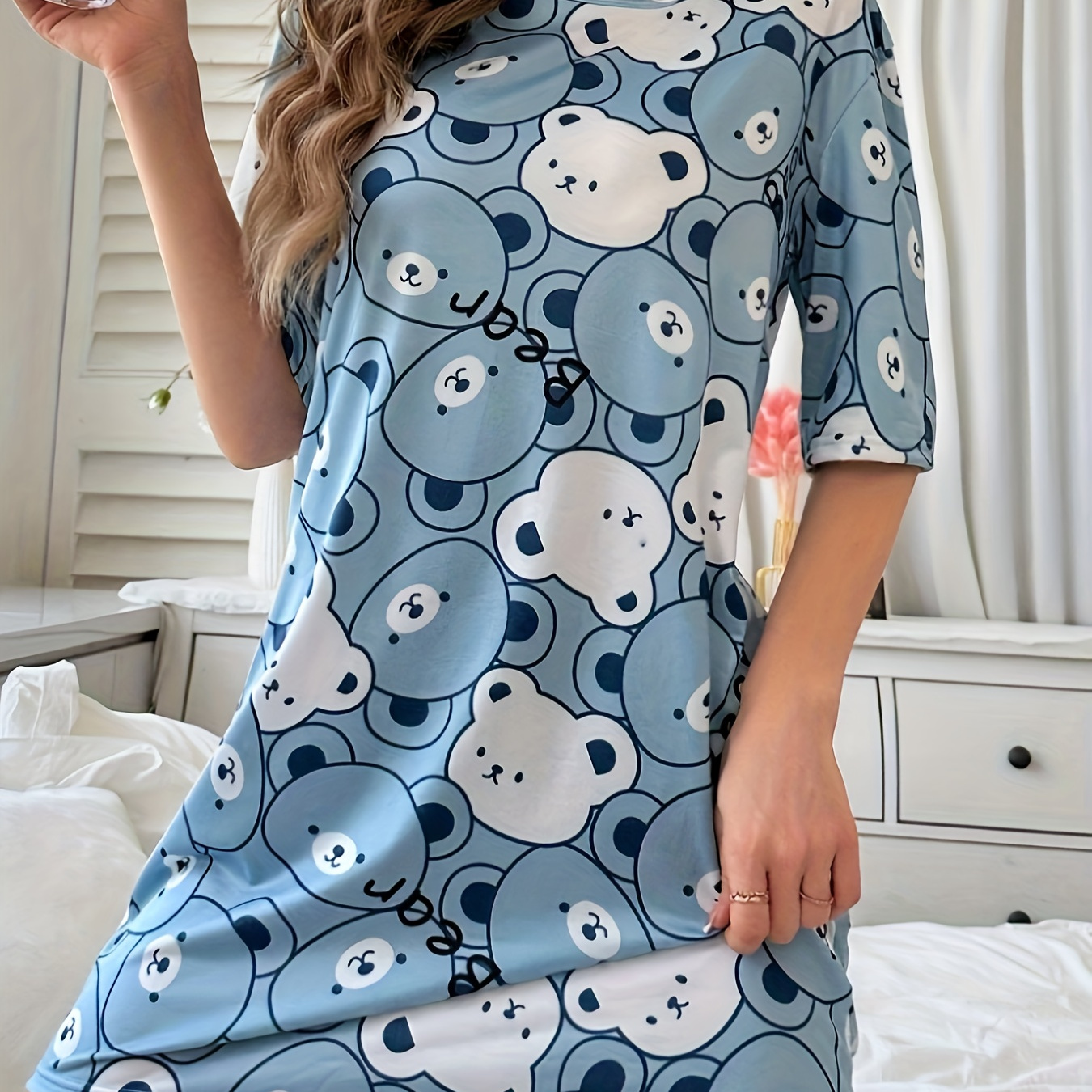 

Cute Bear & Letter Print Nightdress, Short Sleeve Round Neck Loose Fit Tee Sleep Dress, Women's Sleepwear & Dresses