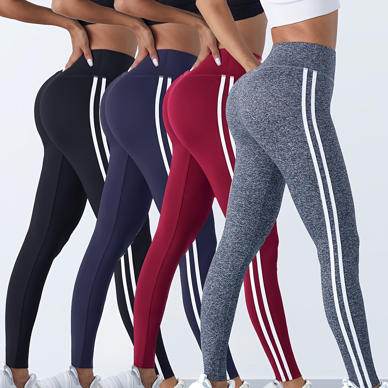 

4pcs Women's Multicolor Side Stripe Sports Leggings, Yoga Running Casual Tights, Basic Style, Stretchy Workout Pants For Outdoor And Gym Use Wide Waistband