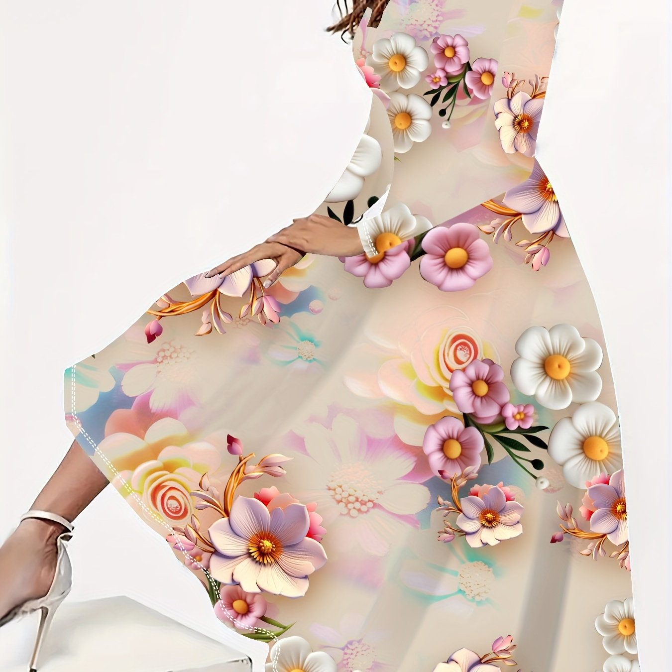 

Plus Size Floral Print Crew Neck Dress, Elegant Long Sleeve Dress For Spring, Women's Plus Size Clothing
