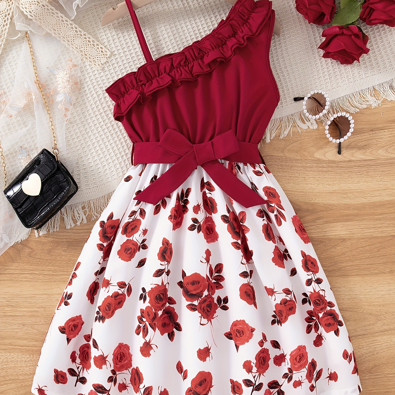 

Girl's Sweet Rose Floral Slant Shoulder Casual Dress Comfy Holiday Going Out Summer Dresses